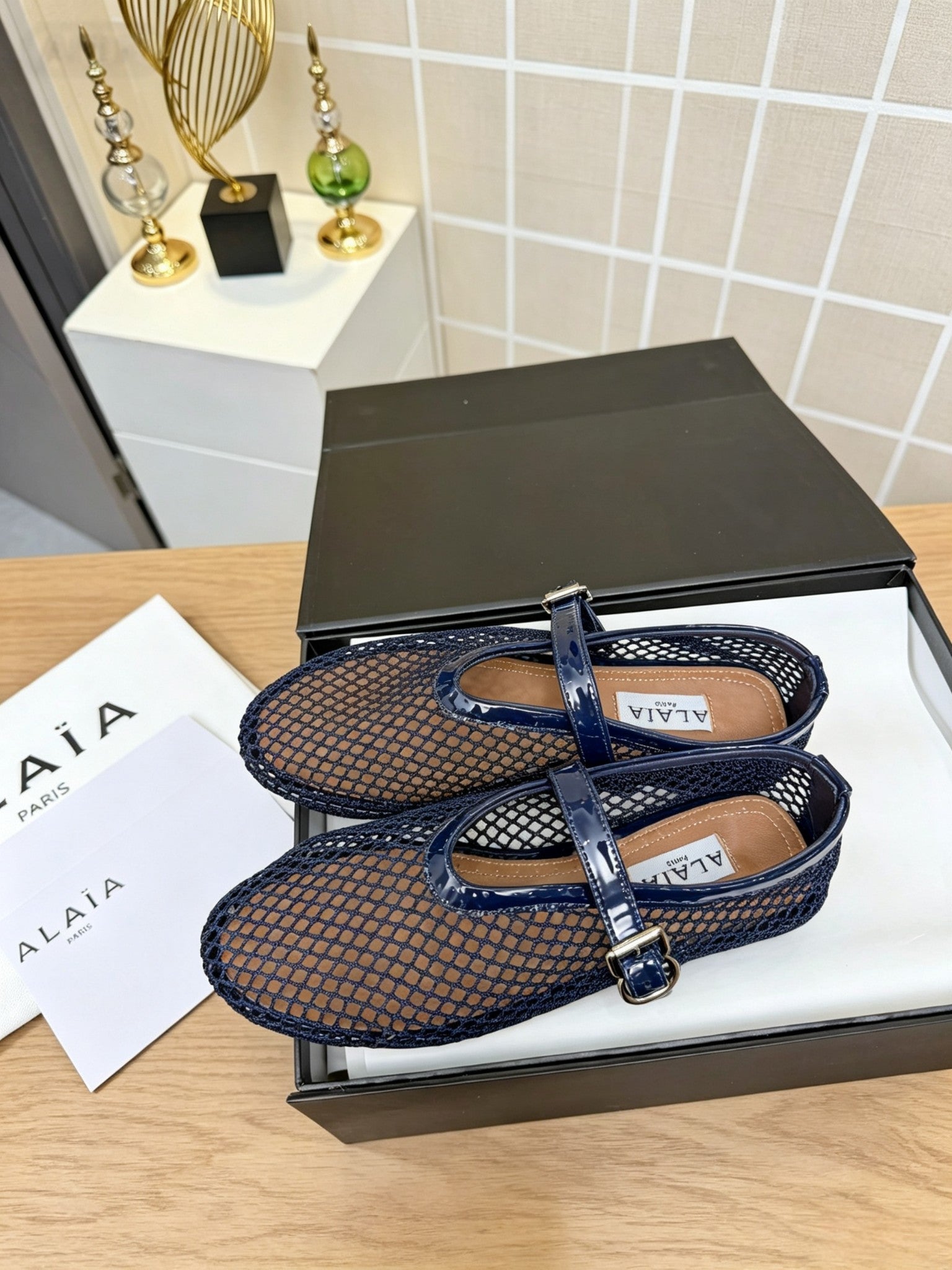 Alaia 26s Fishnet Ballet Flat Navy Blue Mesh 935641