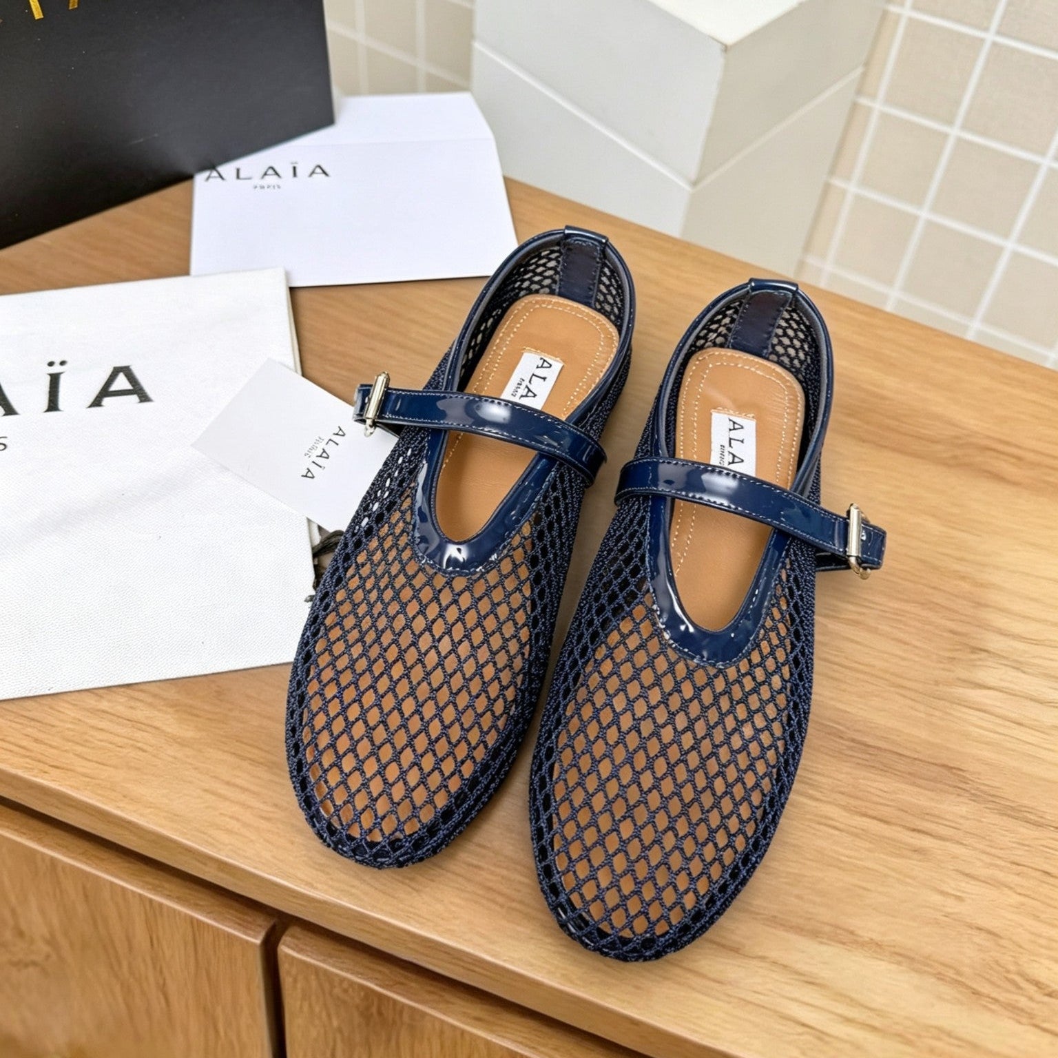 Alaia 26s Fishnet Ballet Flat Navy Blue Mesh 935641