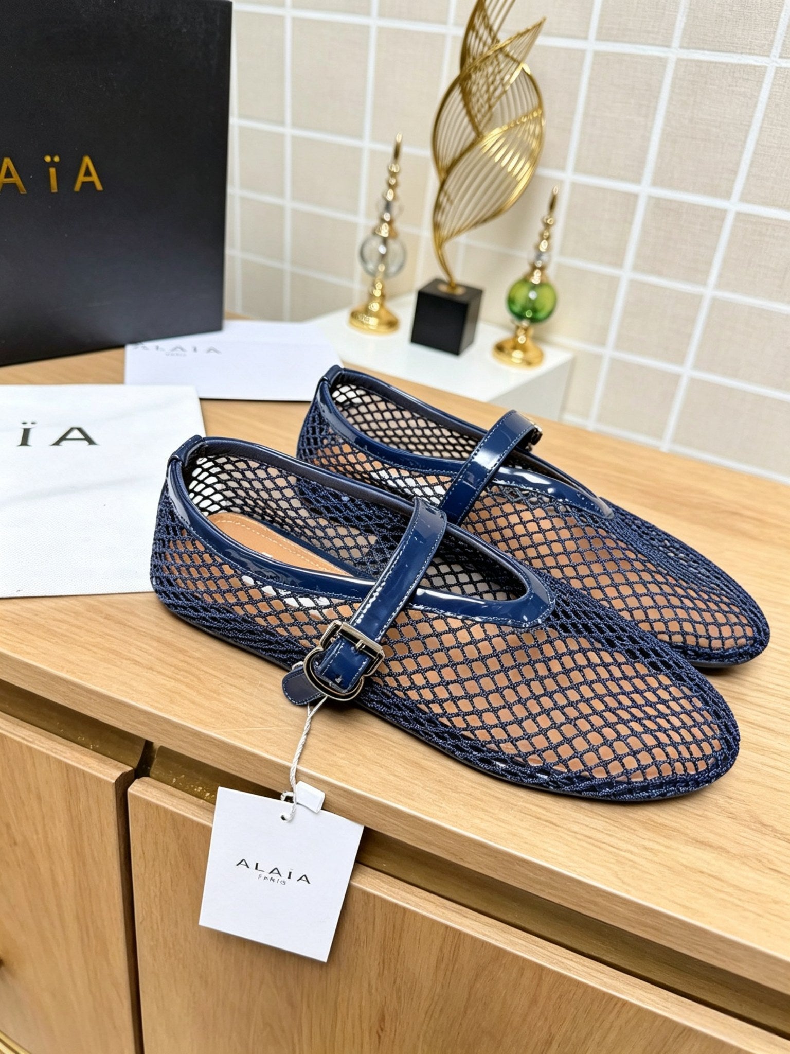 Alaia 26s Fishnet Ballet Flat Navy Blue Mesh 935641
