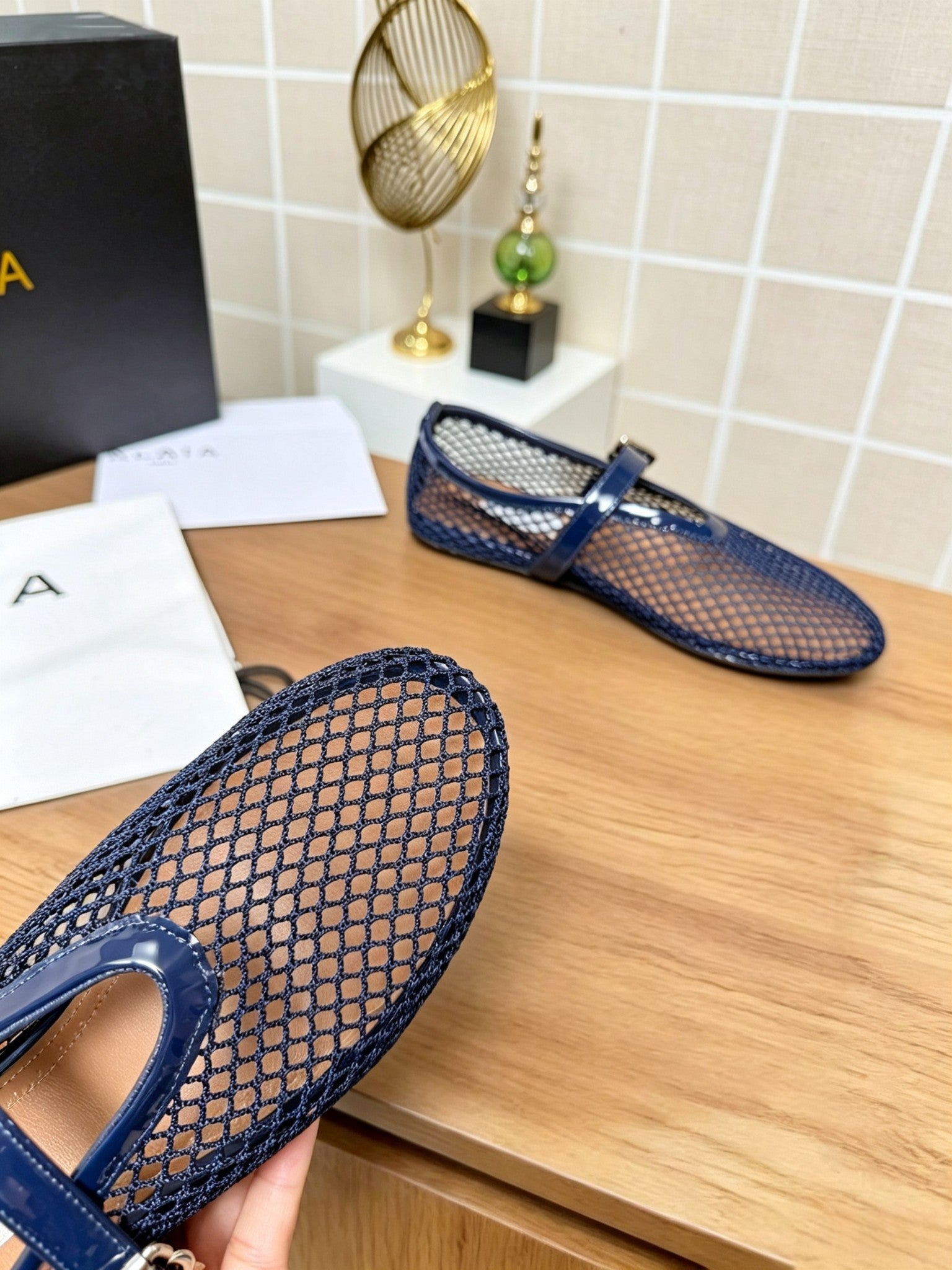 Alaia 26s Fishnet Ballet Flat Navy Blue Mesh 935641