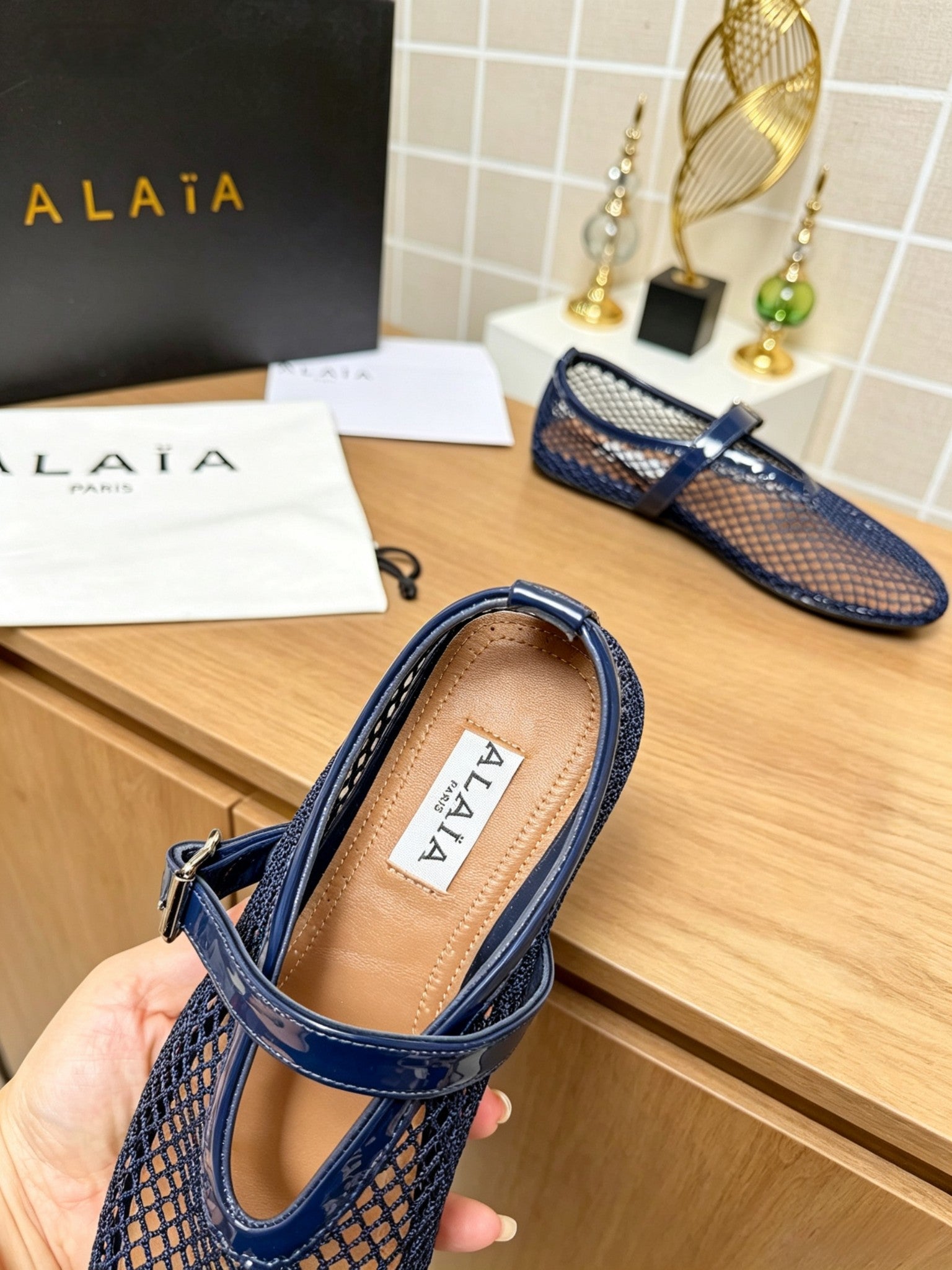 Alaia 26s Fishnet Ballet Flat Navy Blue Mesh 935641