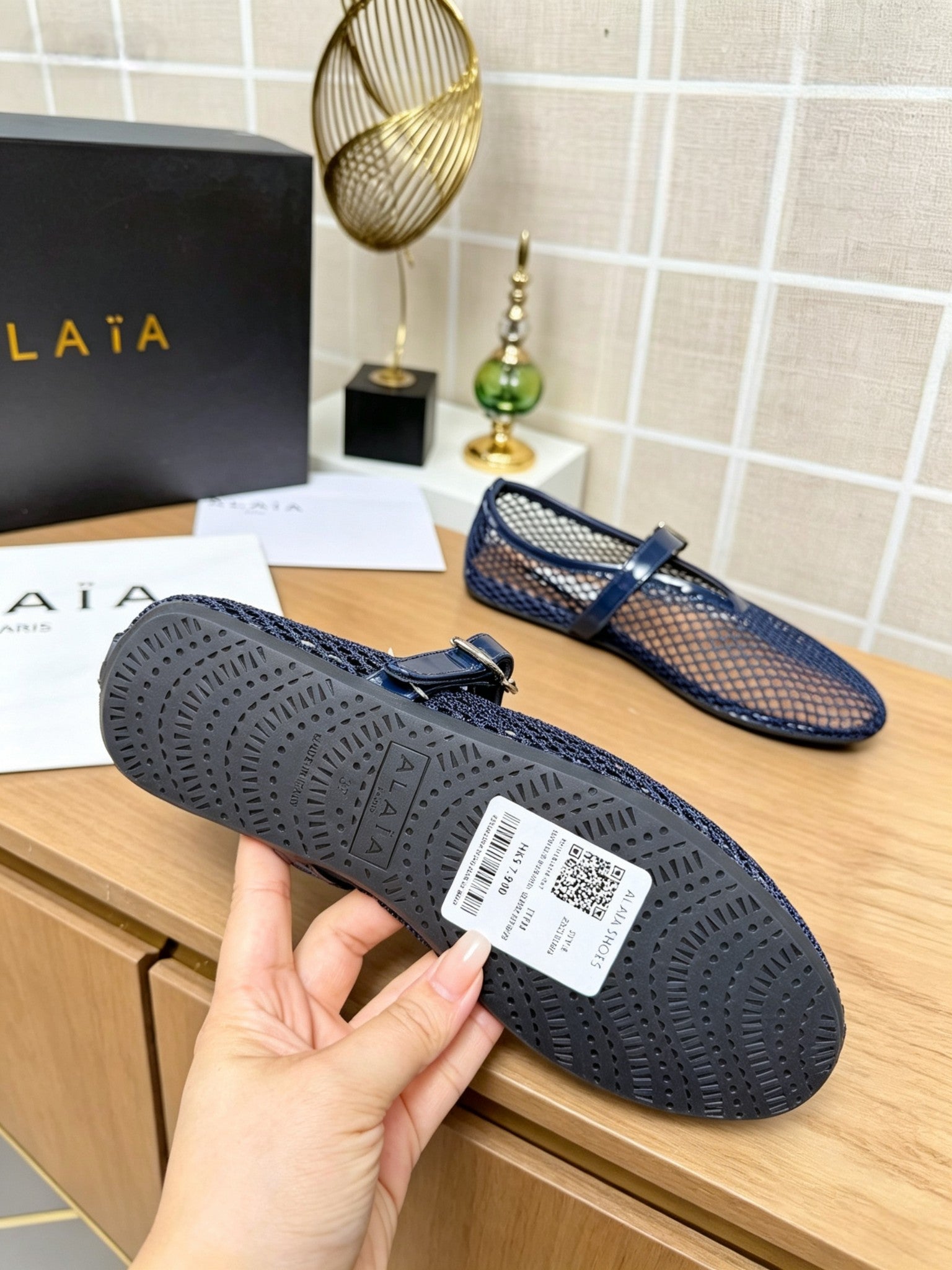 Alaia 26s Fishnet Ballet Flat Navy Blue Mesh 935641