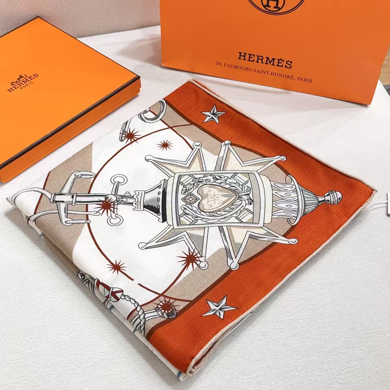 HM Creative Origins Scarf 135CM Orange White Cashmere Silk 969436
