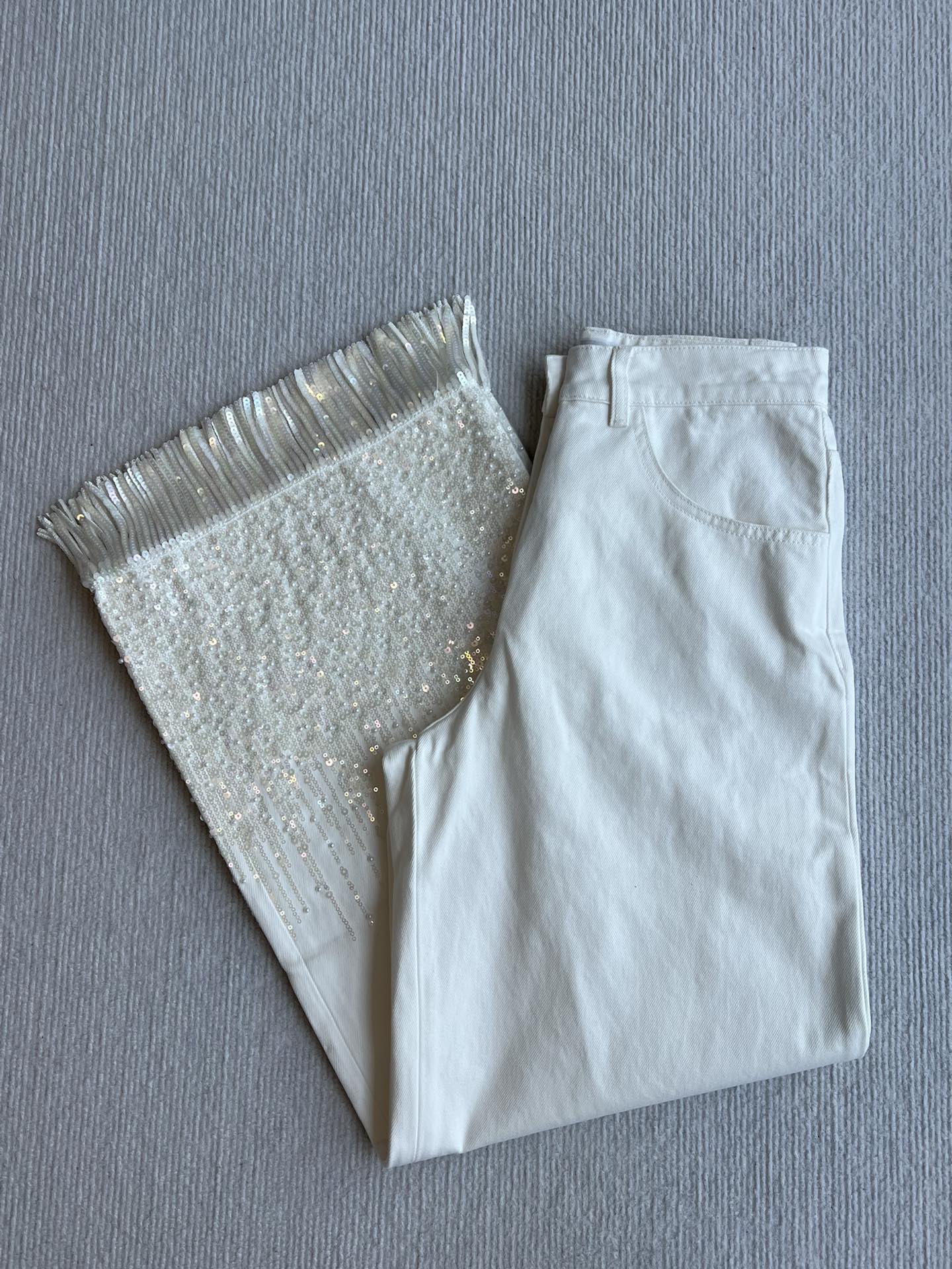 CC 25SS Wide-Leg Pants Beaded Tassel White Denim 277238
