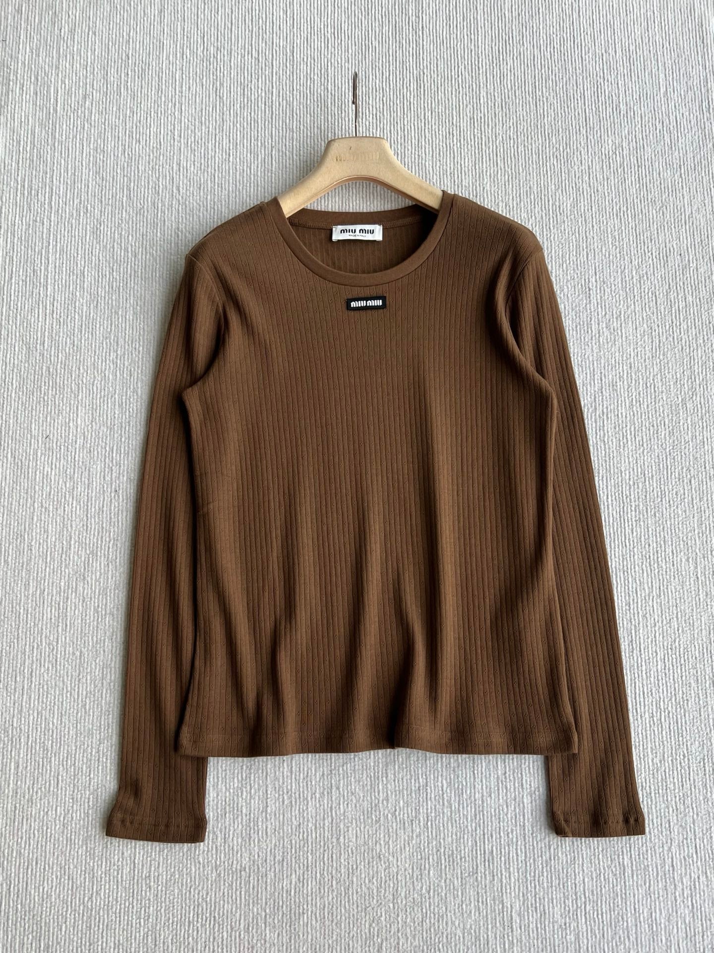 Miu 26s Jacquard Long-sleeved T-shirt Coffee Cotton 412323