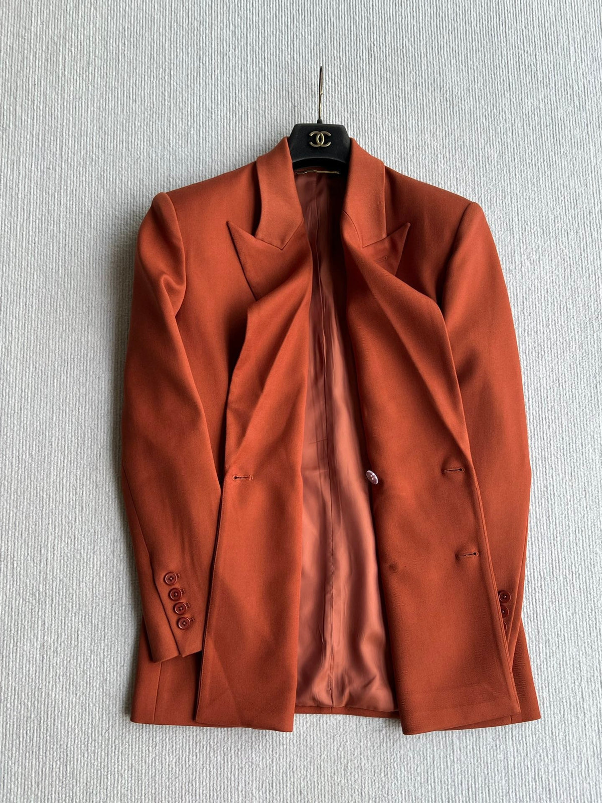 YSL 26s Double Breasted Blazer Terracotta Wool Polyester 434497