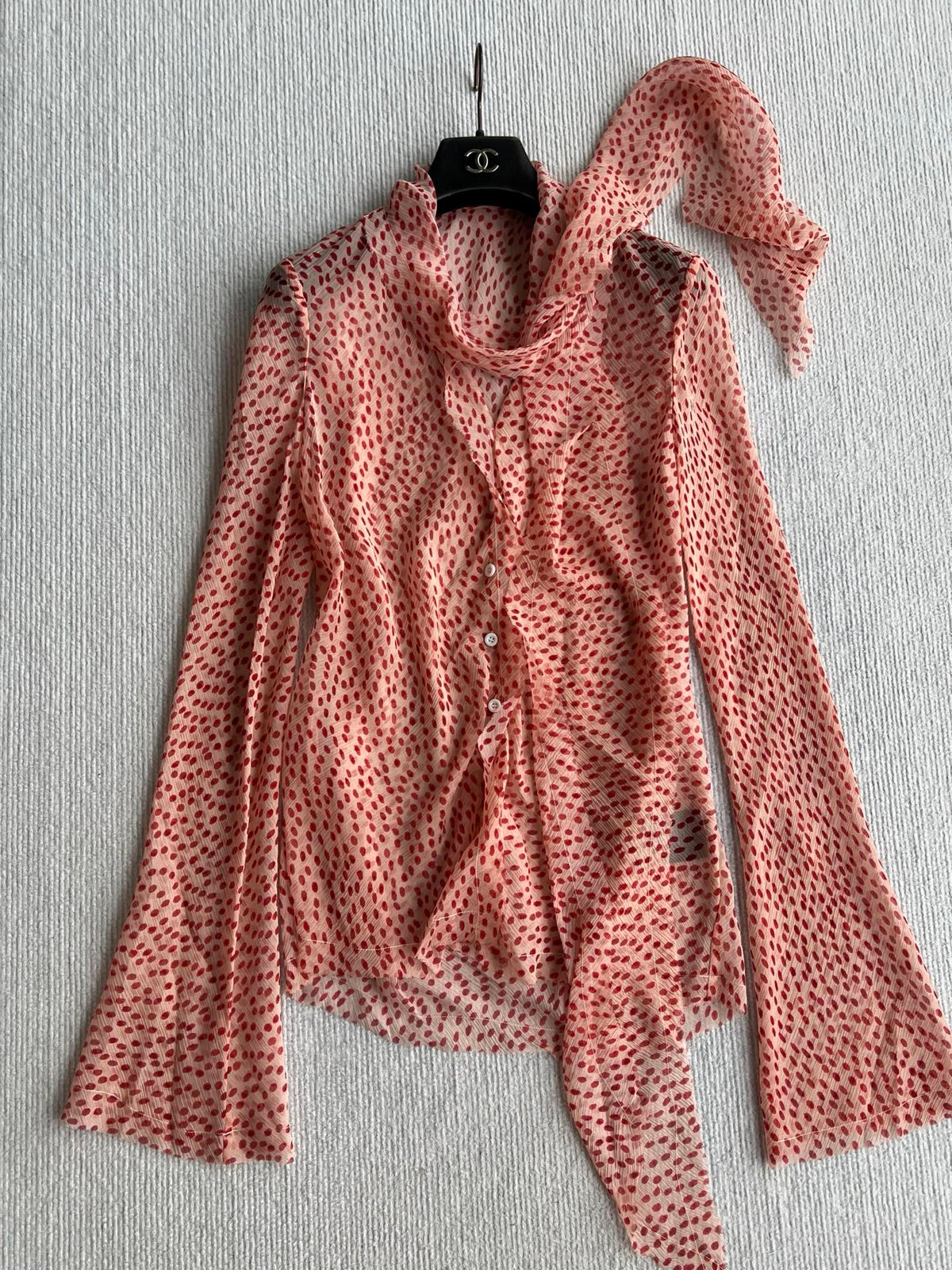 YSL 26s Polka Dot Pussy Bow Blouse Pink Silk Viscose 434505