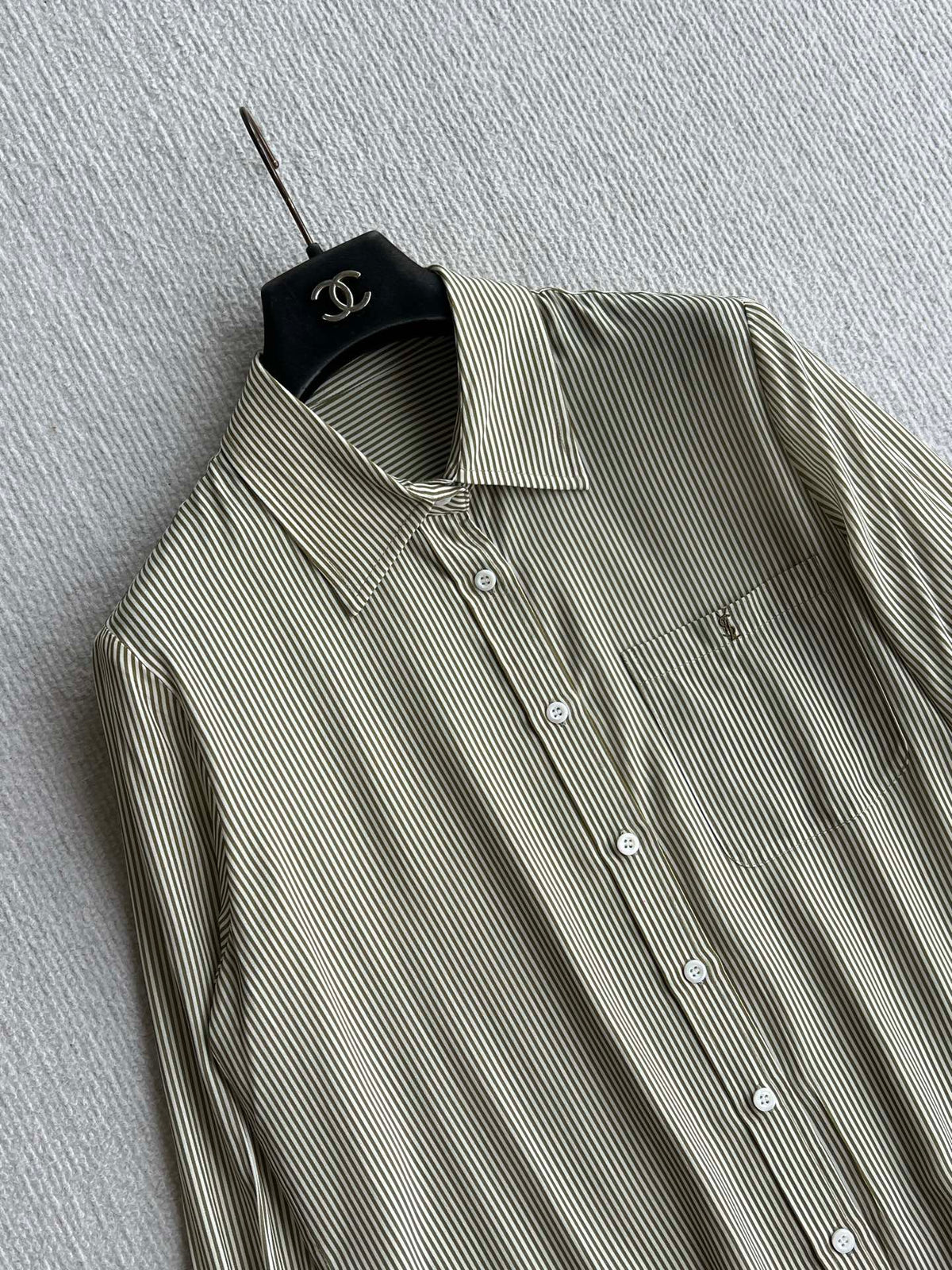 YSL 26s Striped Long Sleeve Shirt Olive Green Silk 434513