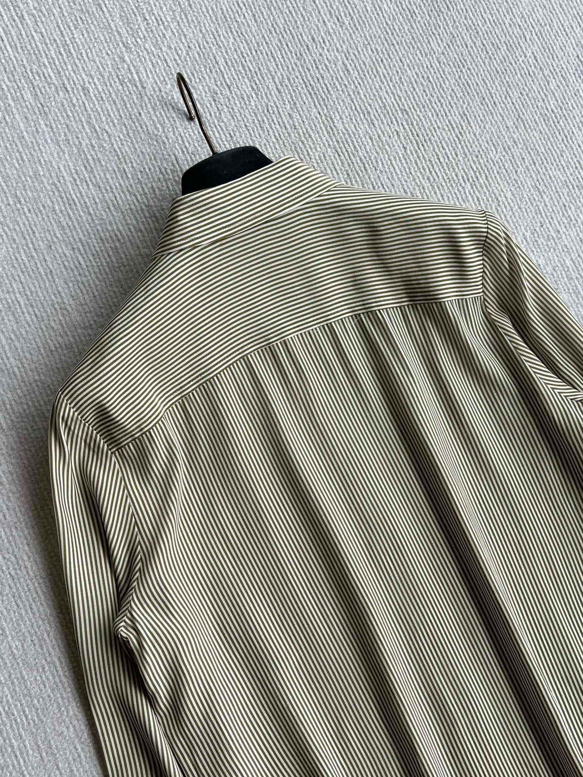 YSL 26s Striped Long Sleeve Shirt Olive Green Silk 434513