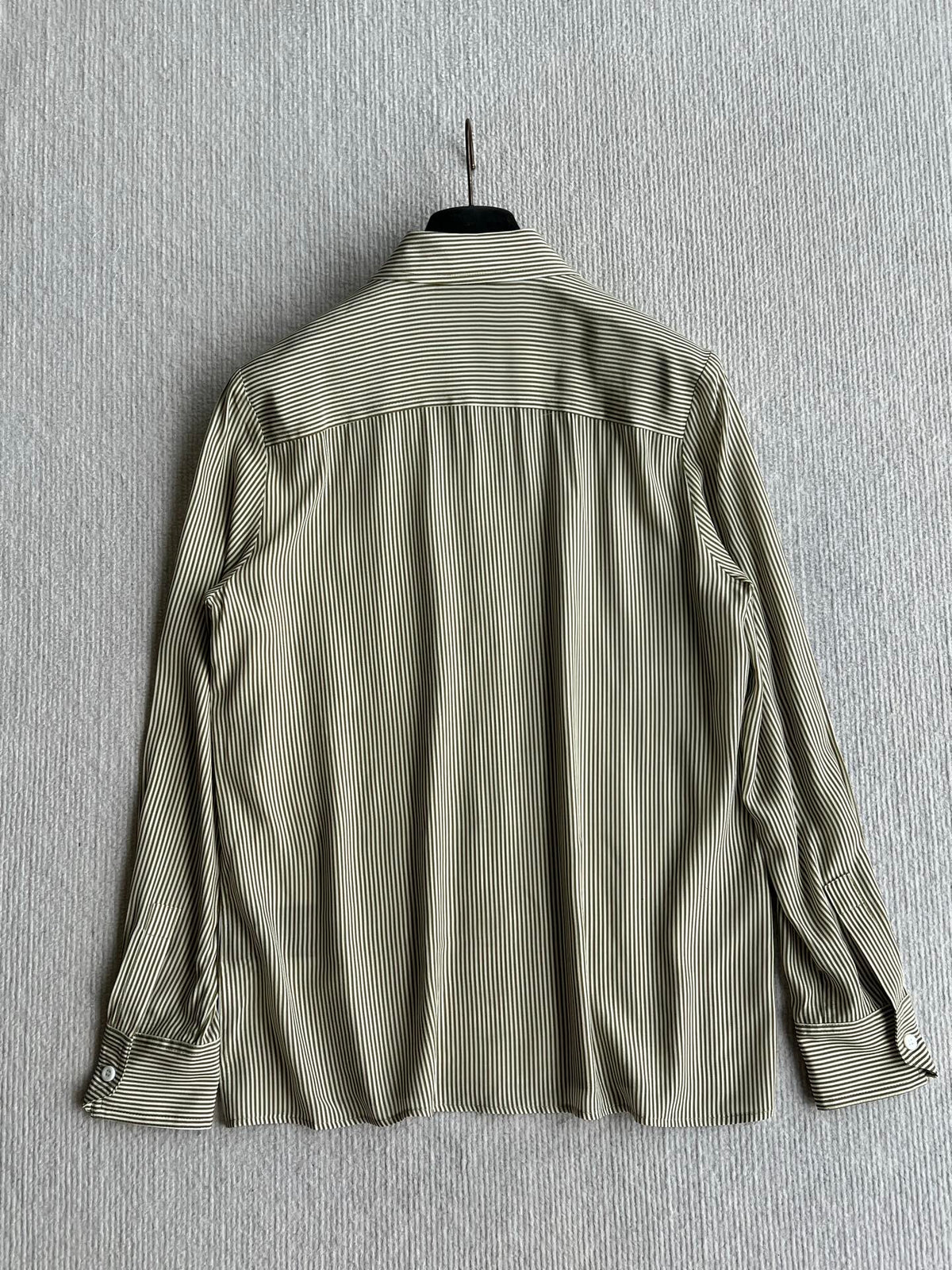 YSL 26s Striped Long Sleeve Shirt Olive Green Silk 434513