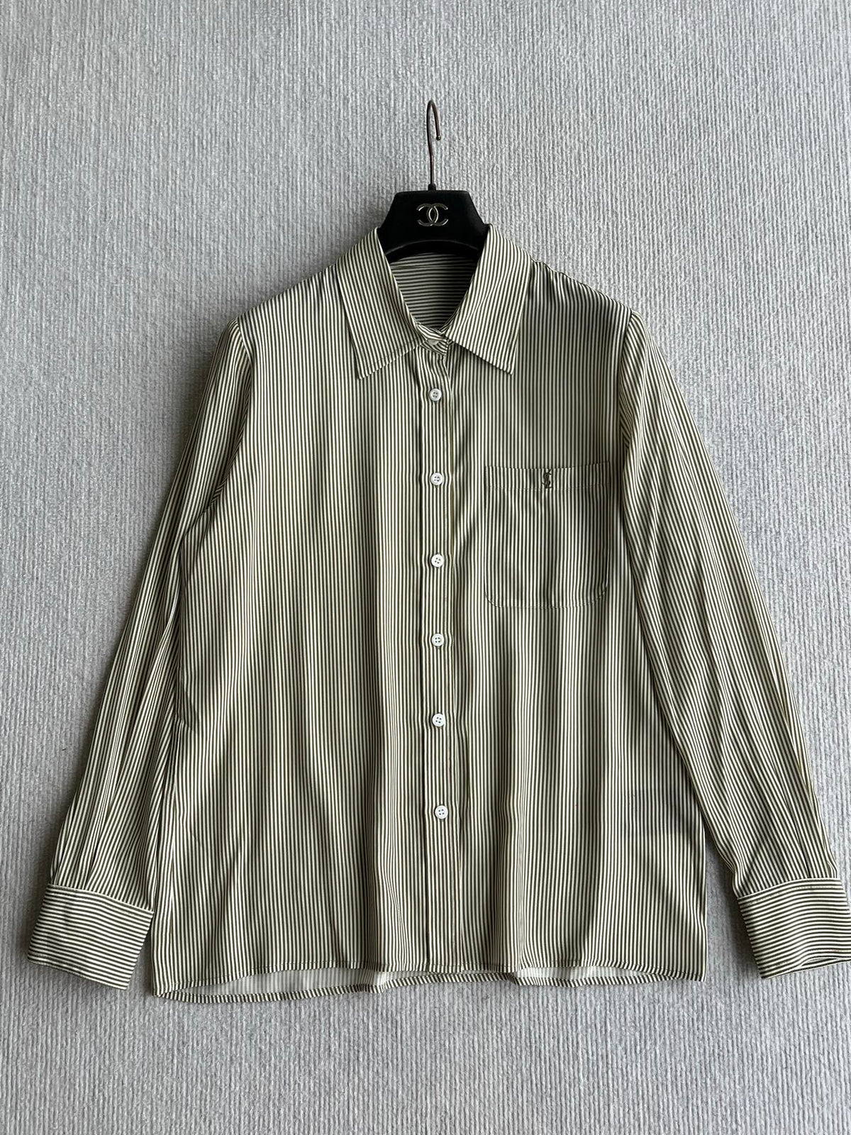 YSL 26s Striped Long Sleeve Shirt Olive Green Silk 434513