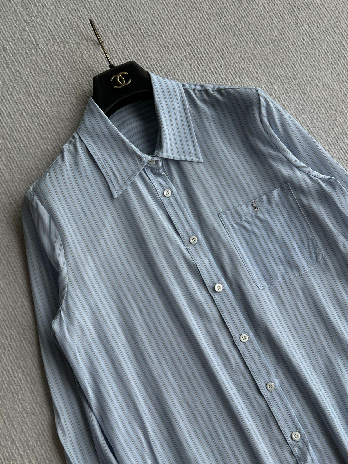 YSL 26s Striped Long Sleeve Shirt Light Blue Silk 434514