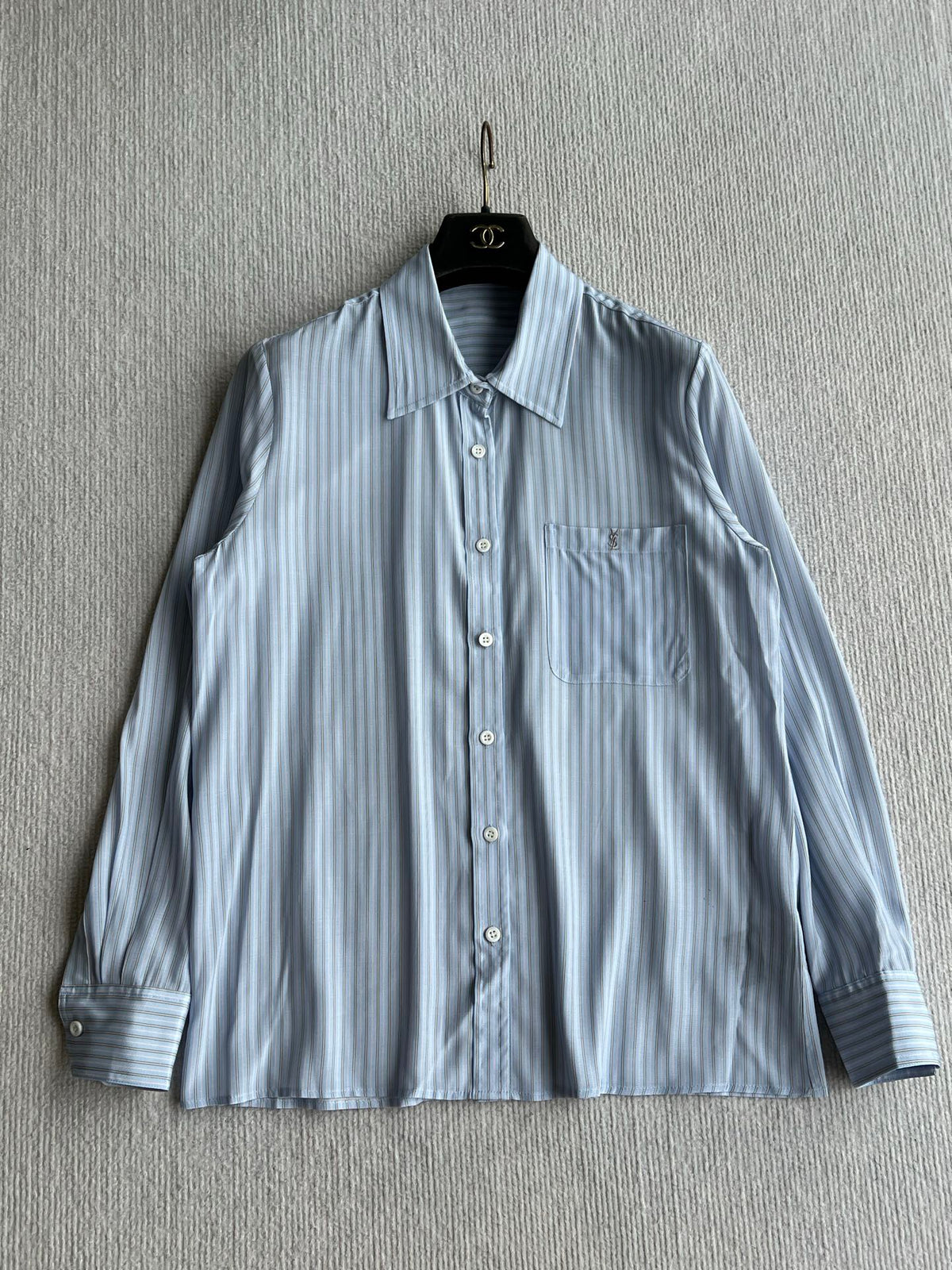YSL 26s Striped Long Sleeve Shirt Light Blue Silk 434514