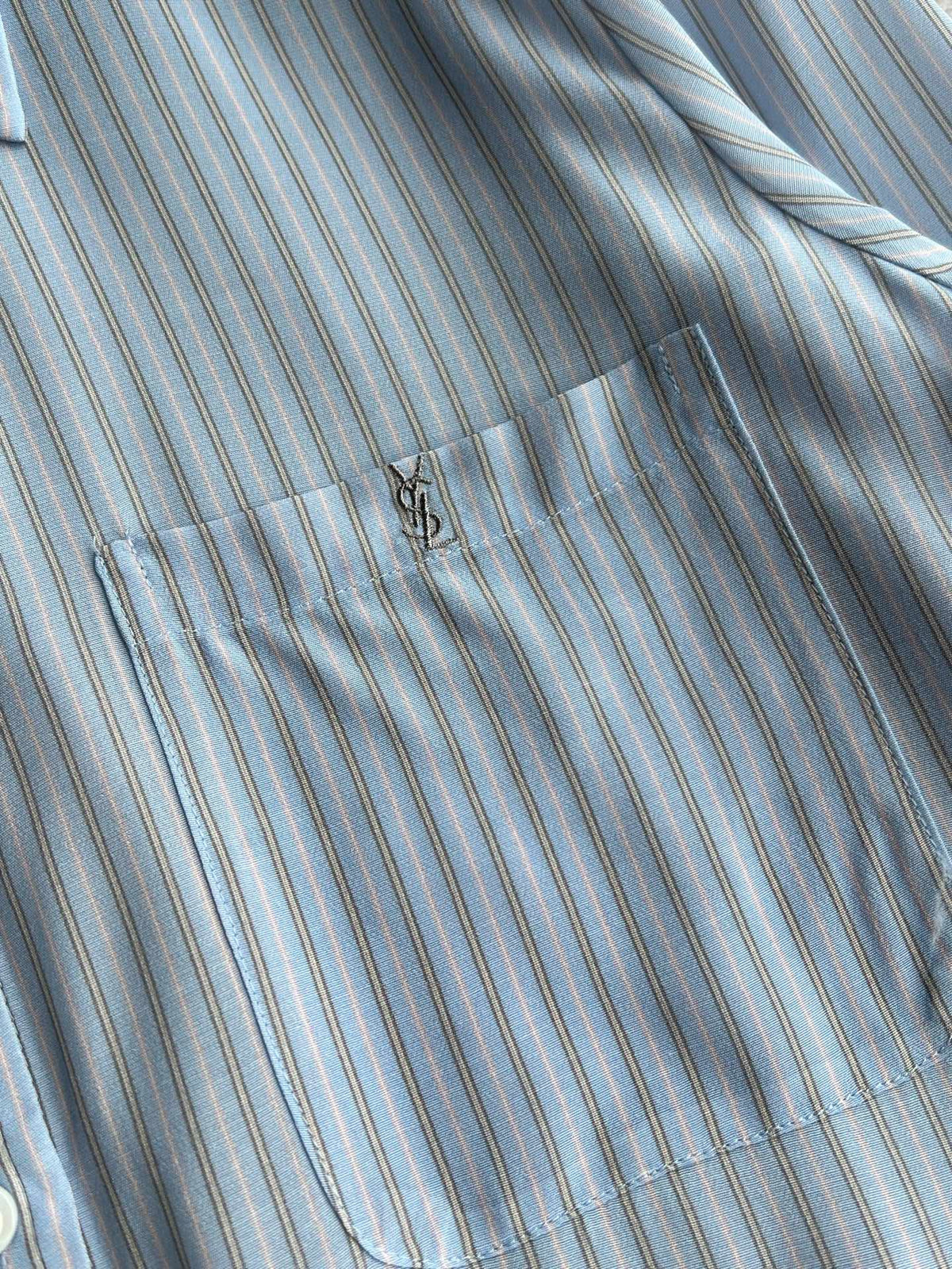 YSL 26s Striped Long Sleeve Shirt Light Blue Silk 434514