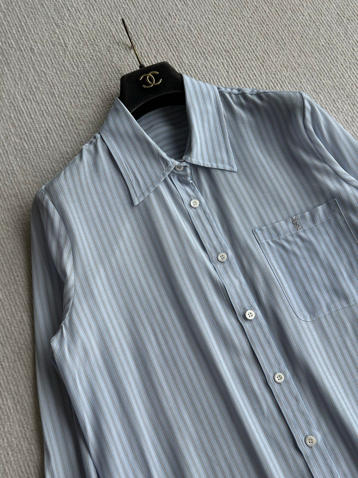 YSL 26s Striped Long Sleeve Shirt Light Blue Silk 434514