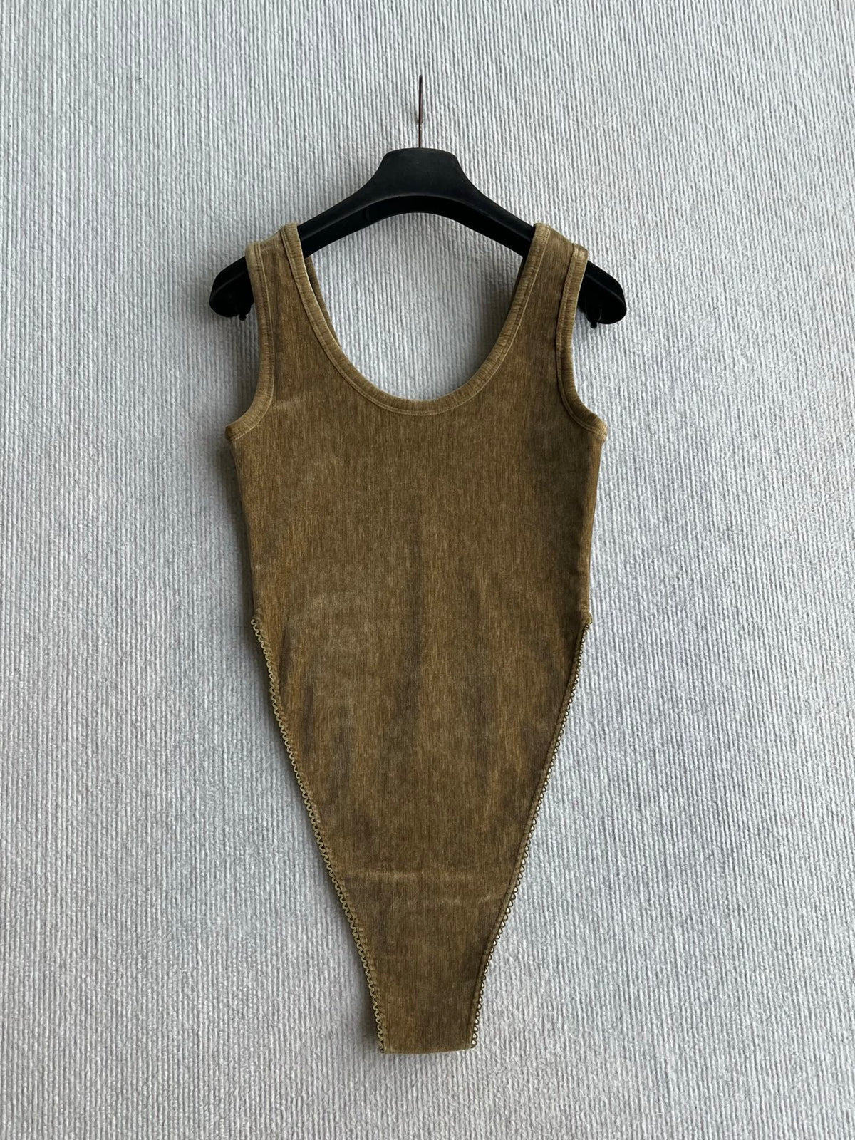 YSL 26s Scoop Neck Bodysuit Olive Green Velvet 434523