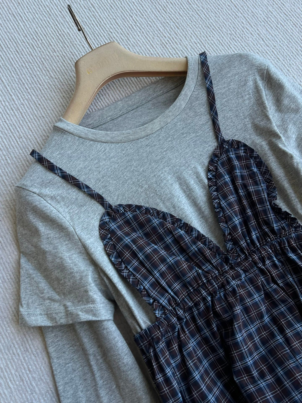 MM 26s Plaid Cami Dress Layered Tee Set Grey 439733