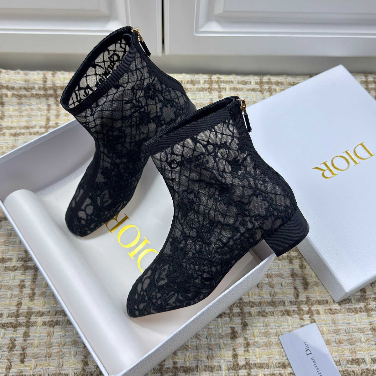 CD 26S Ankle Boots 35mm Black Floral Lace Mesh Block Heel