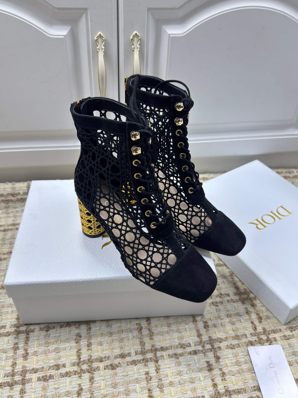 CD 26S Lace Up Ankle Boots 80mm Black Openwork Lace Suede Gold Heel