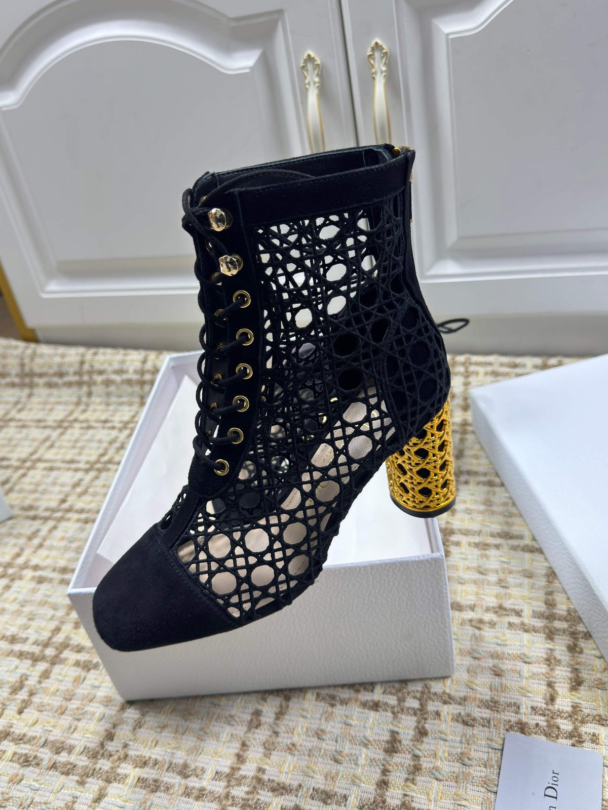 CD 26S Lace Up Ankle Boots 80mm Black Openwork Lace Suede Gold Heel