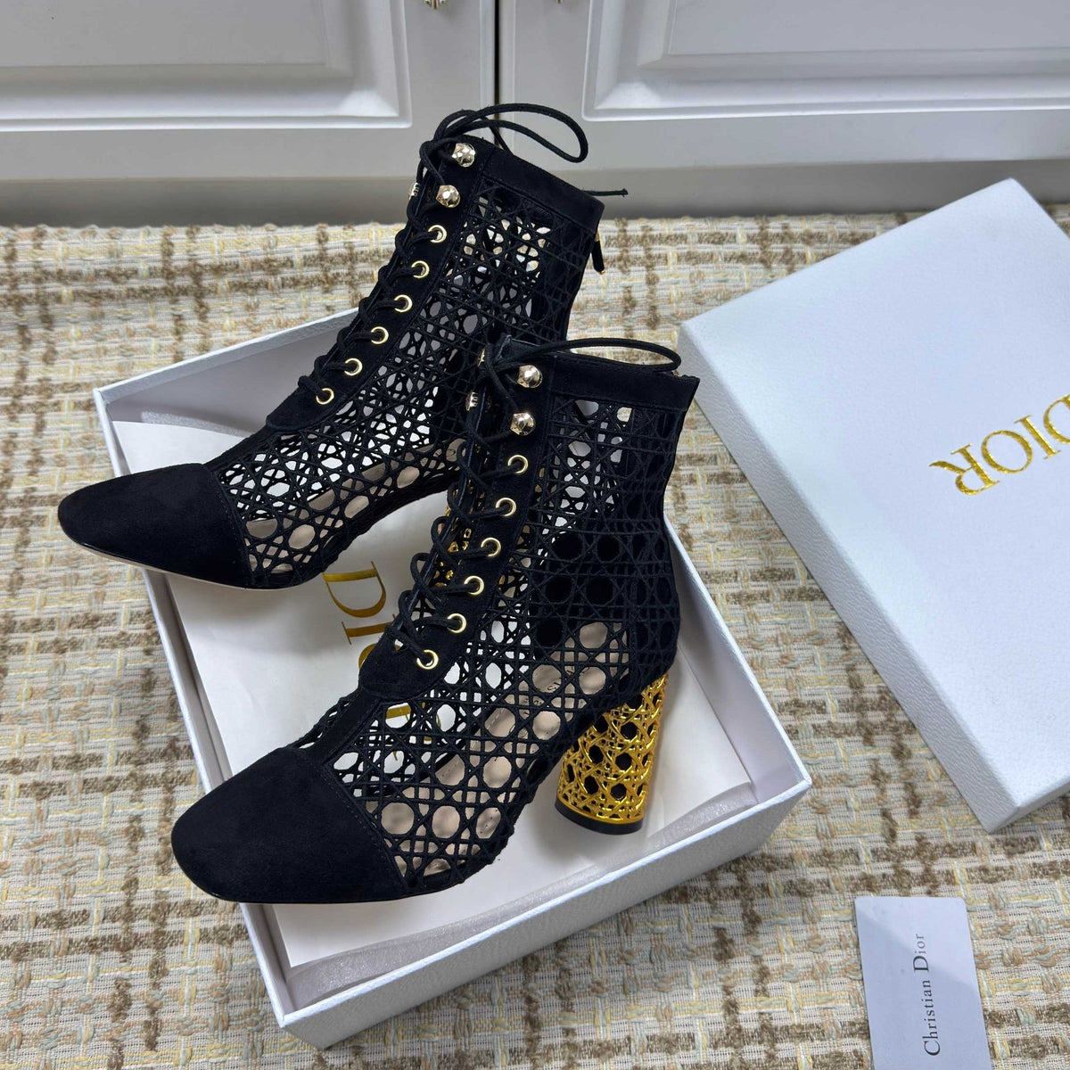 CD 26S Lace Up Ankle Boots 80mm Black Openwork Lace Suede Gold Heel