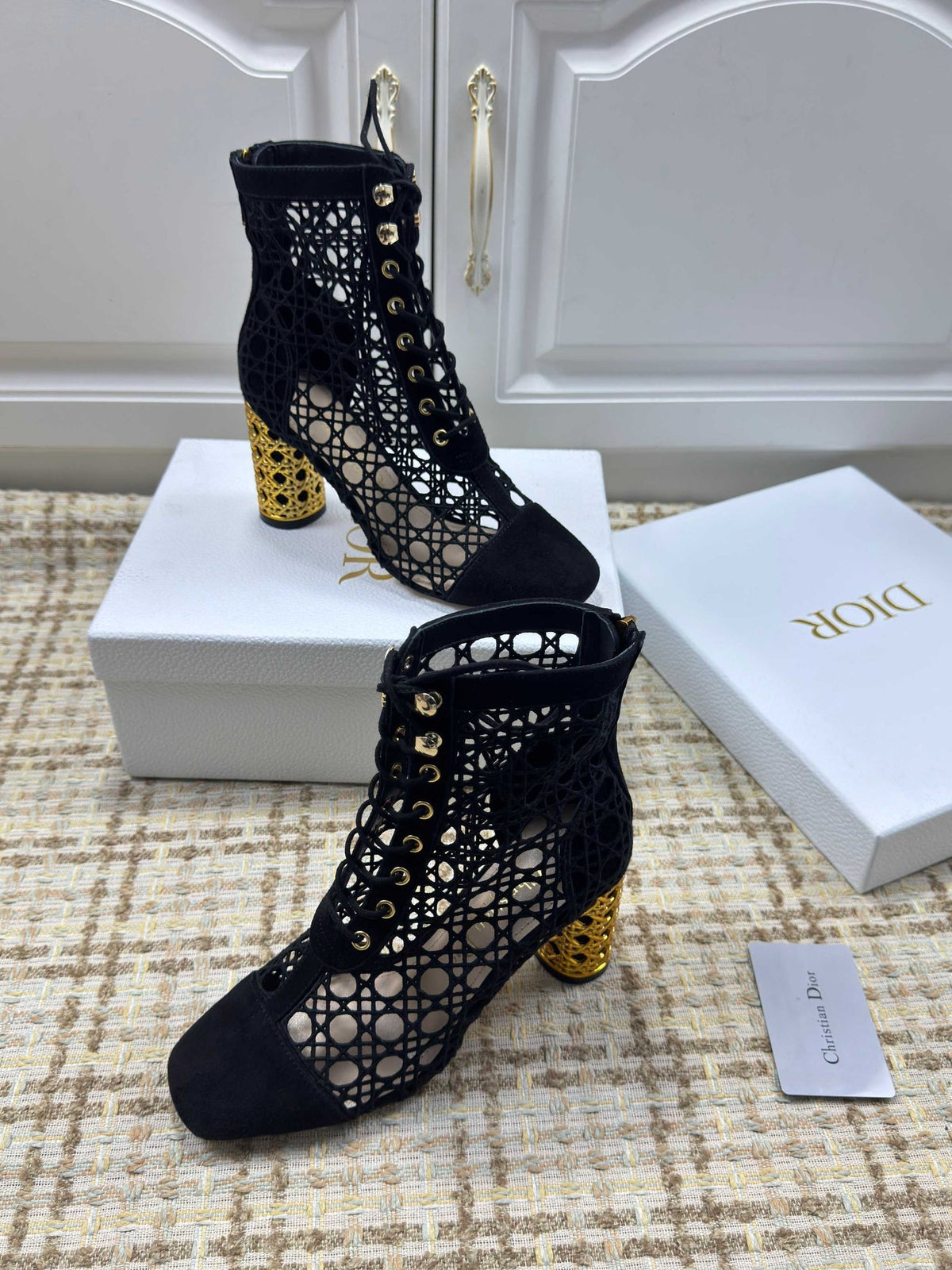 CD 26S Lace Up Ankle Boots 80mm Black Openwork Lace Suede Gold Heel