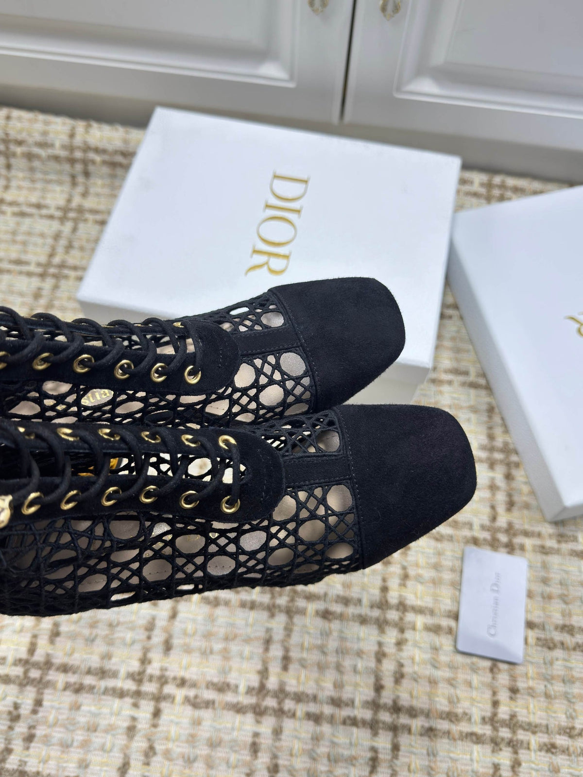 CD 26S Lace Up Ankle Boots 80mm Black Openwork Lace Suede Gold Heel