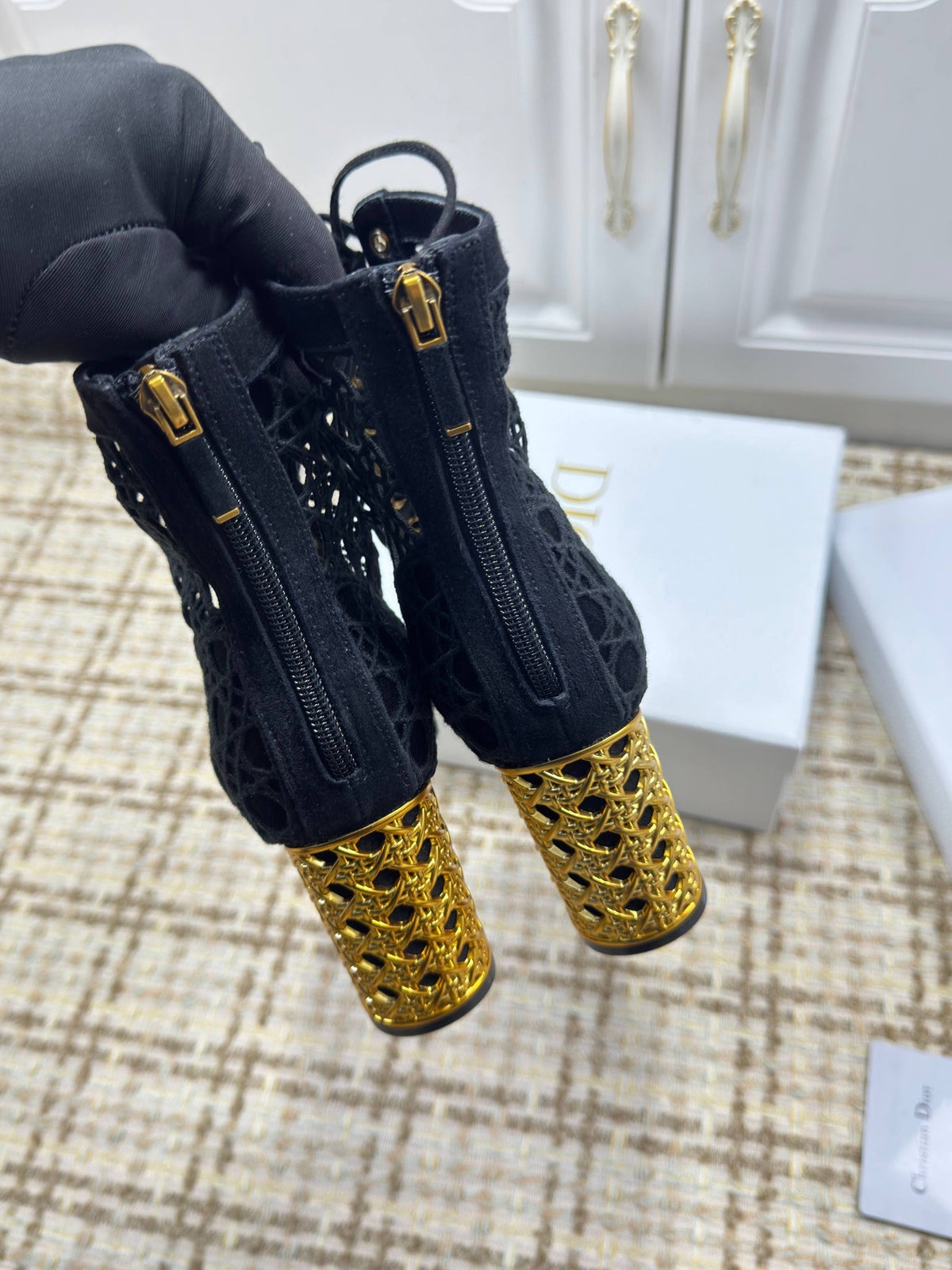 CD 26S Lace Up Ankle Boots 80mm Black Openwork Lace Suede Gold Heel