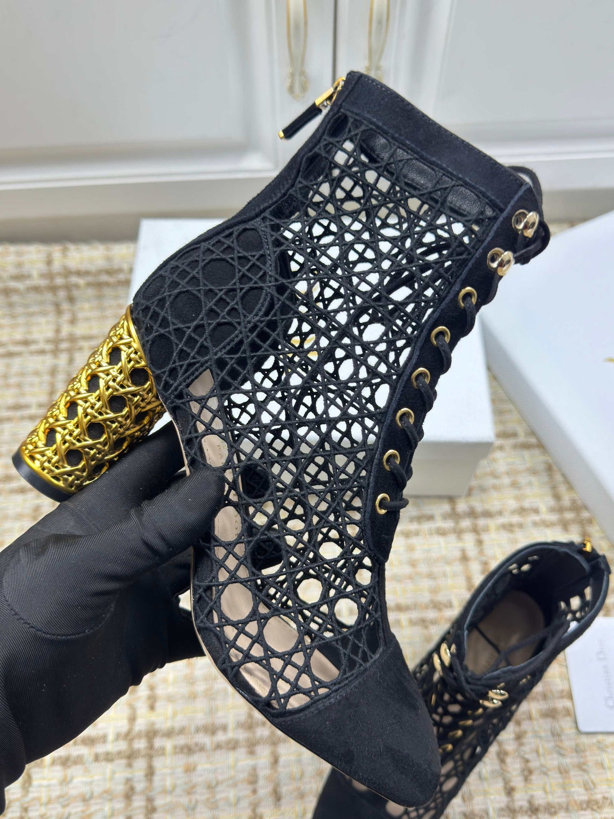 CD 26S Lace Up Ankle Boots 80mm Black Openwork Lace Suede Gold Heel