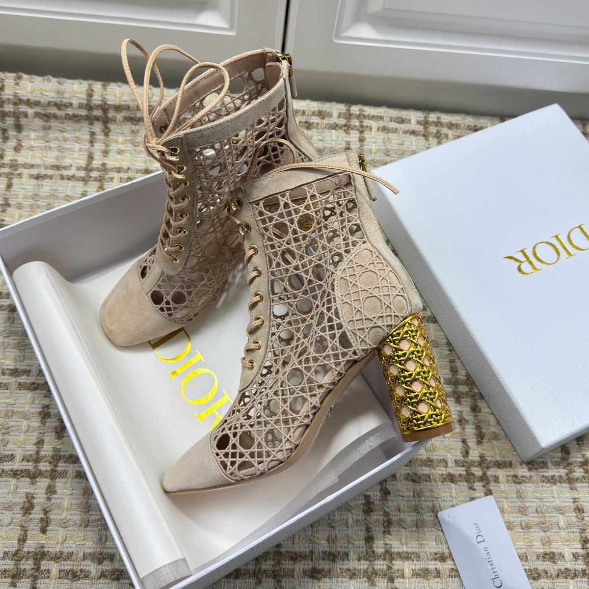 CD 26S Lace Up Ankle Boots 80mm Beige Openwork Lace Suede Gold Heel