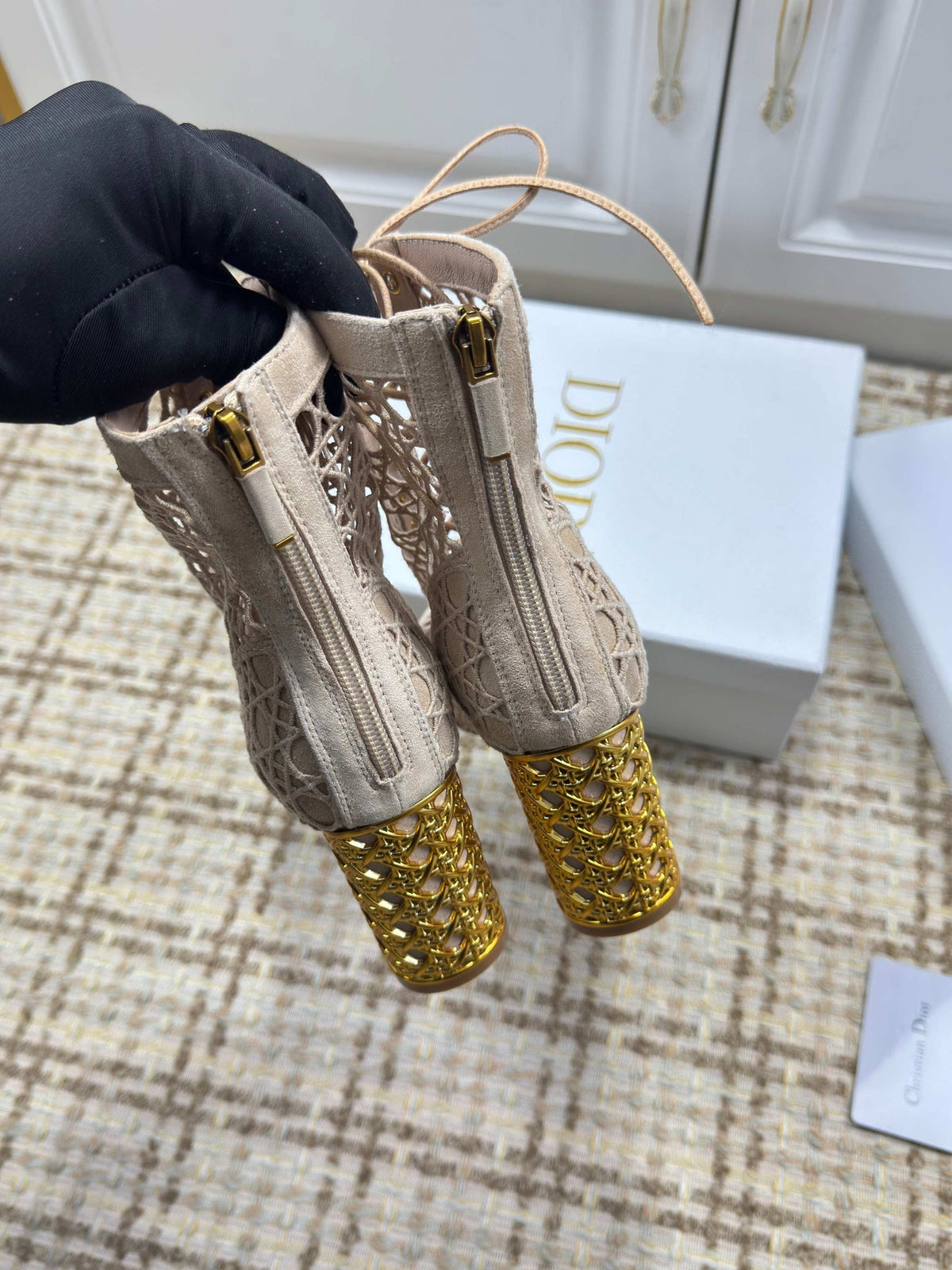 CD 26S Lace Up Ankle Boots 80mm Beige Openwork Lace Suede Gold Heel