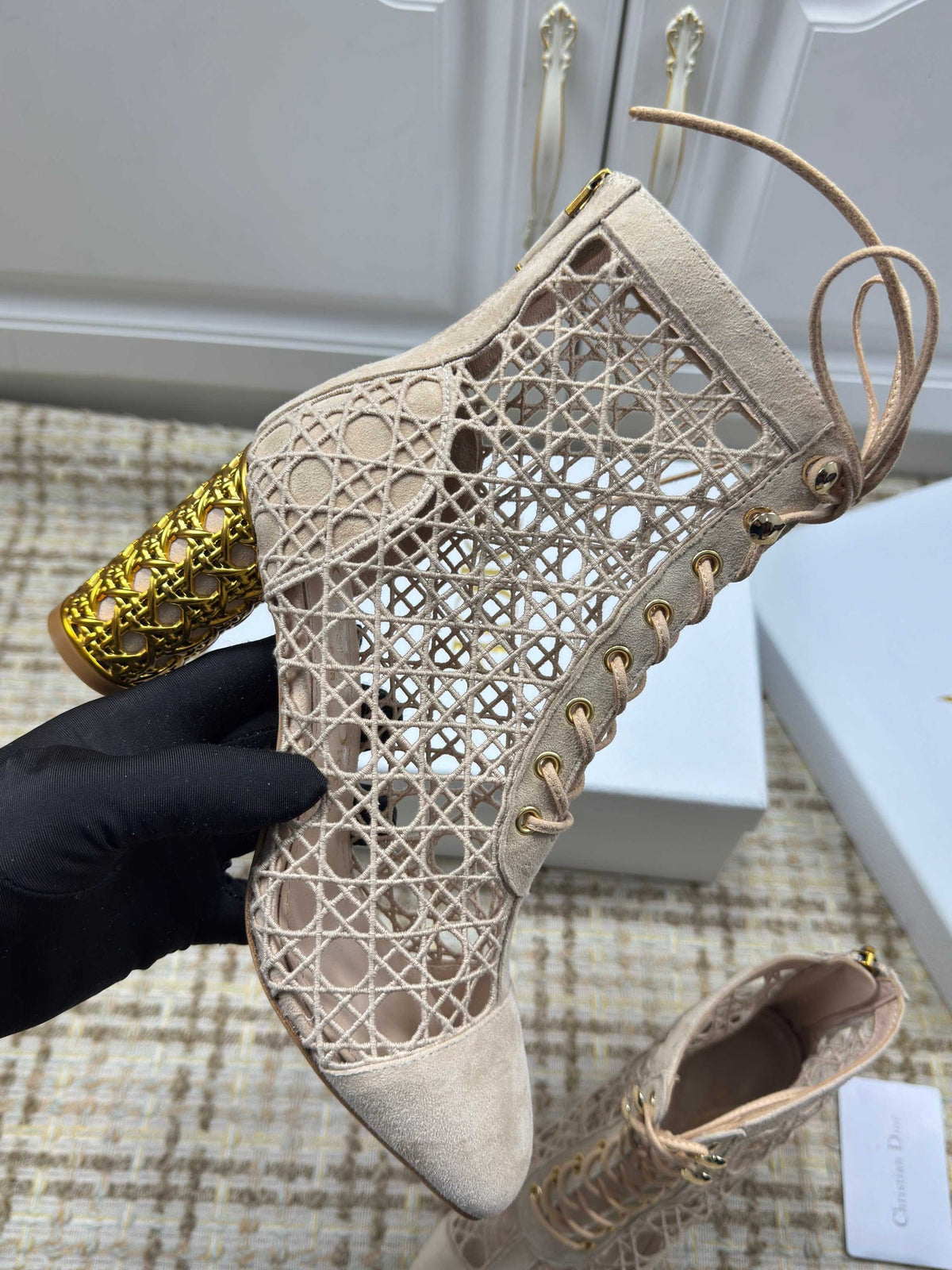 CD 26S Lace Up Ankle Boots 80mm Beige Openwork Lace Suede Gold Heel