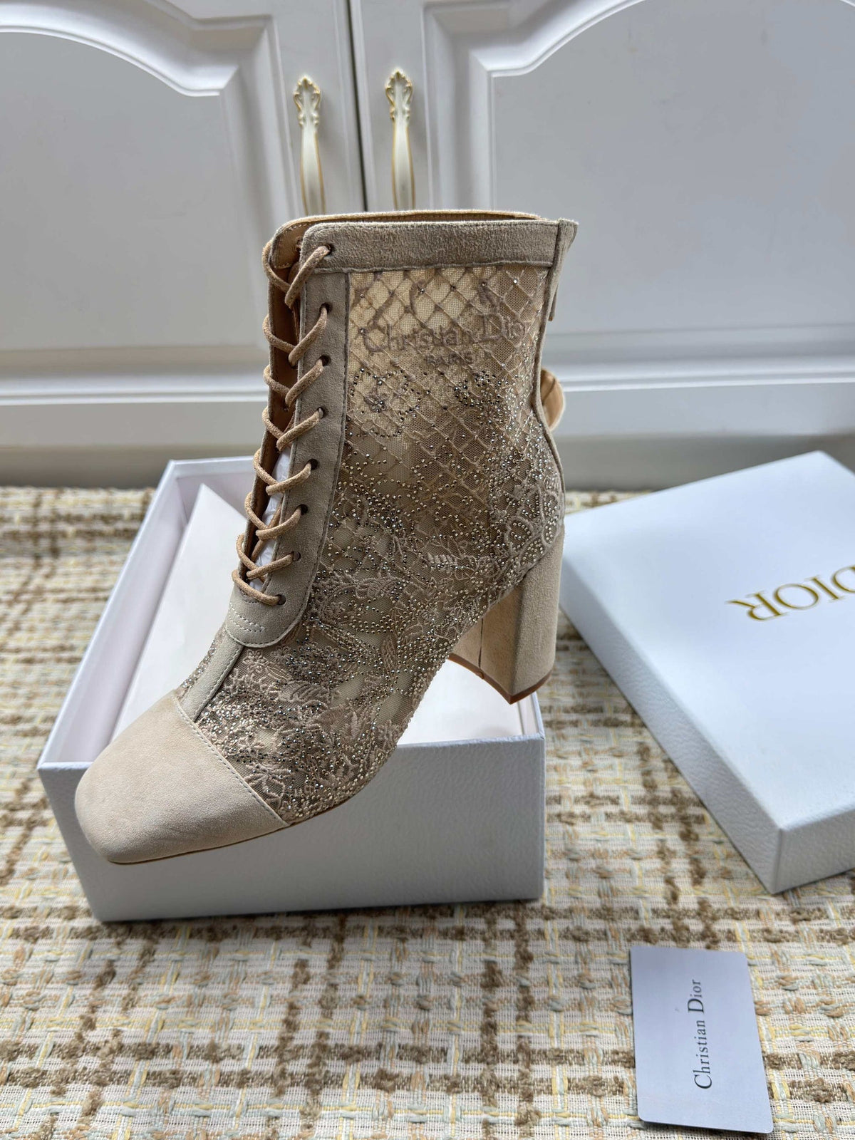 CD 26S Lace Up Ankle Boots 35mm Beige Lace Suede Block Heel