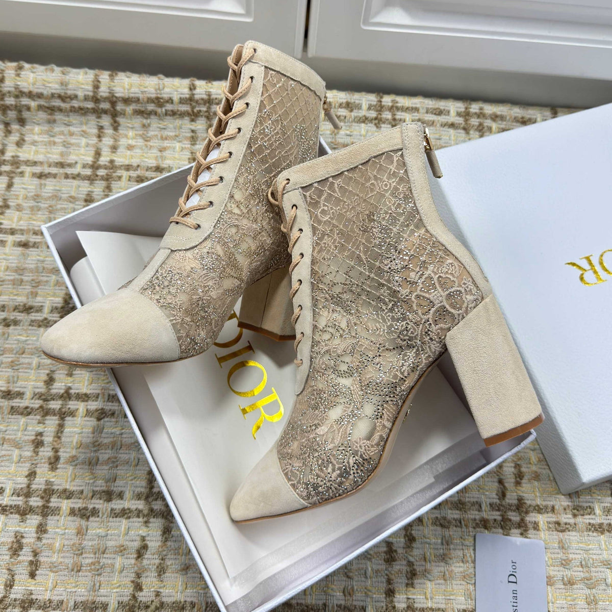 CD 26S Lace Up Ankle Boots 35mm Beige Lace Suede Block Heel