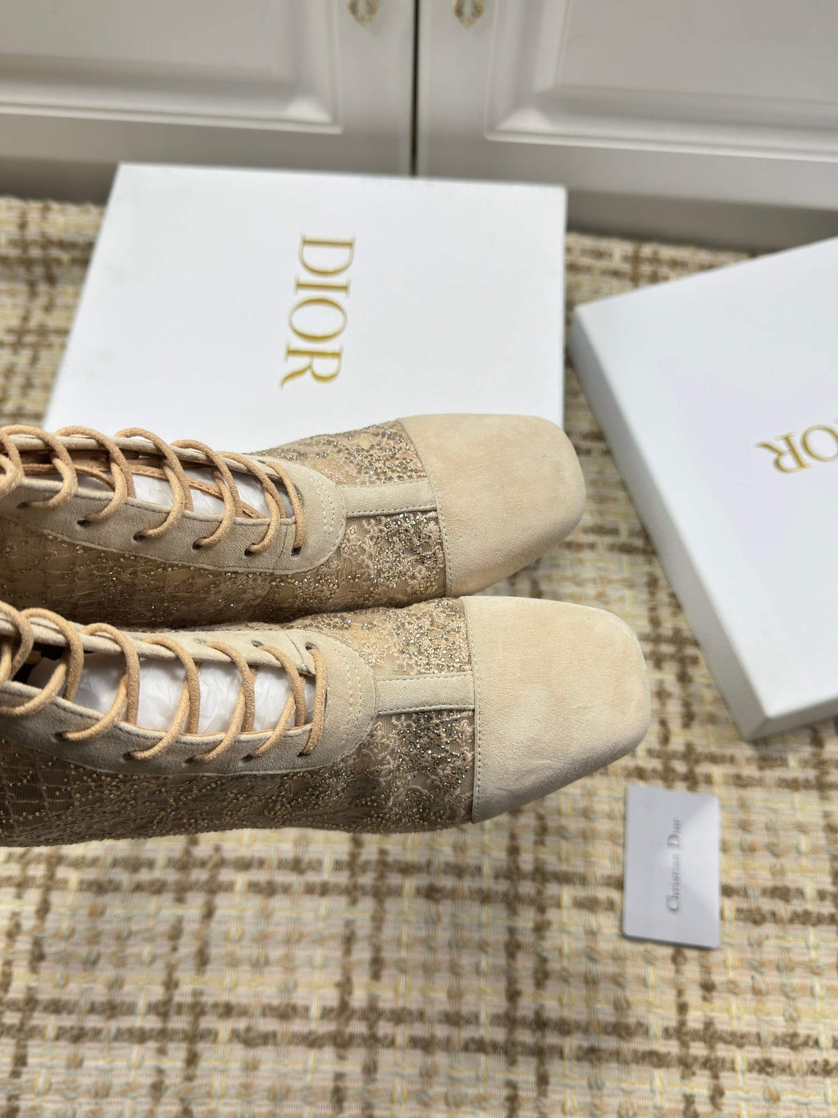 CD 26S Lace Up Ankle Boots 35mm Beige Lace Suede Block Heel