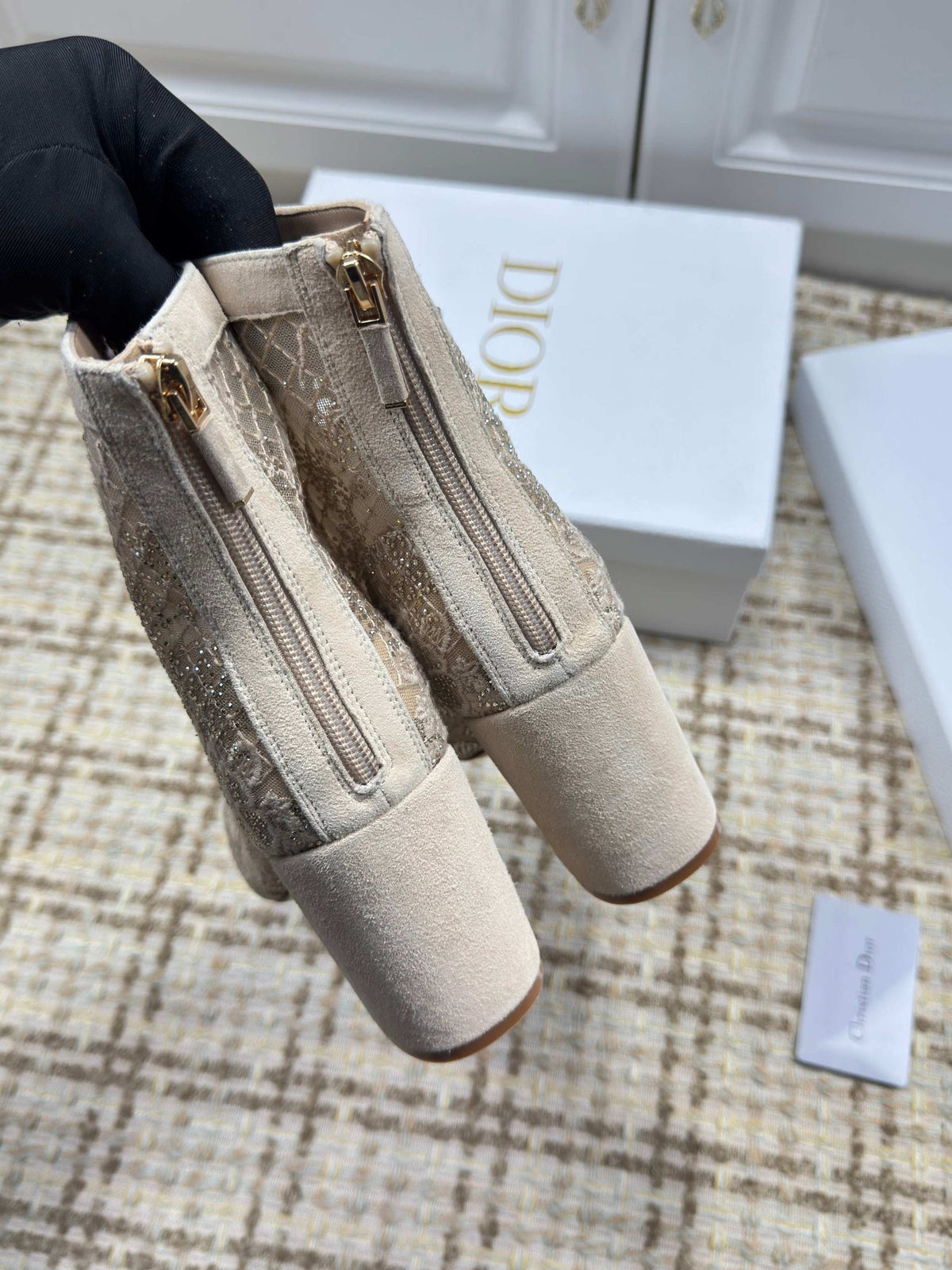 CD 26S Lace Up Ankle Boots 35mm Beige Lace Suede Block Heel