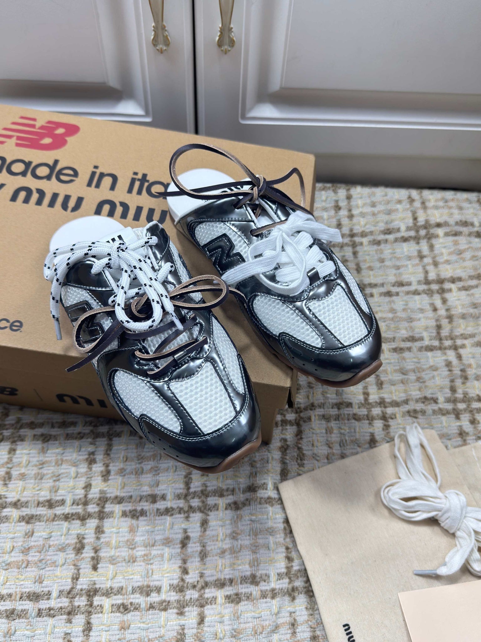 Miumiu 26s New Balance Sneaker Mules In White Mesh And Dark Silver Calfskin