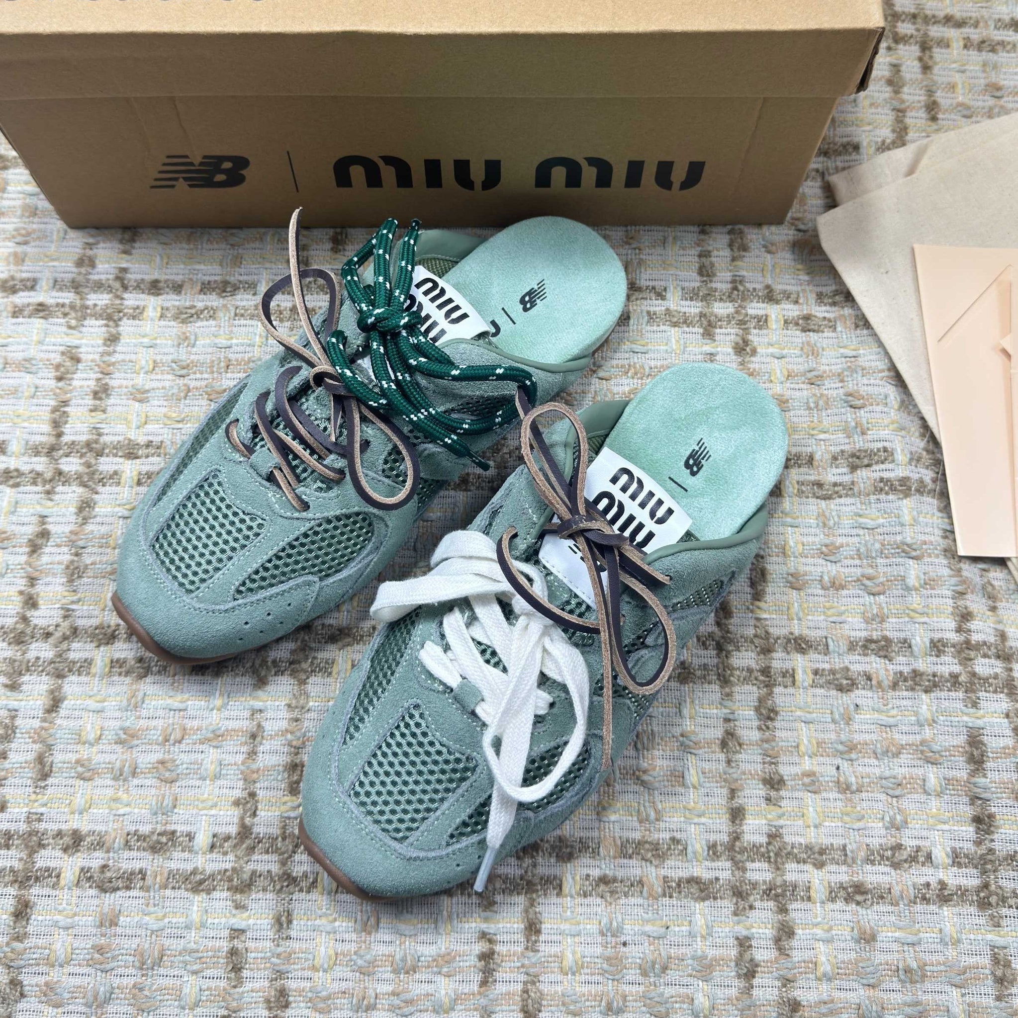 Miumiu 26s New Balance Sneaker Mules In Mint Green Suede And Mesh