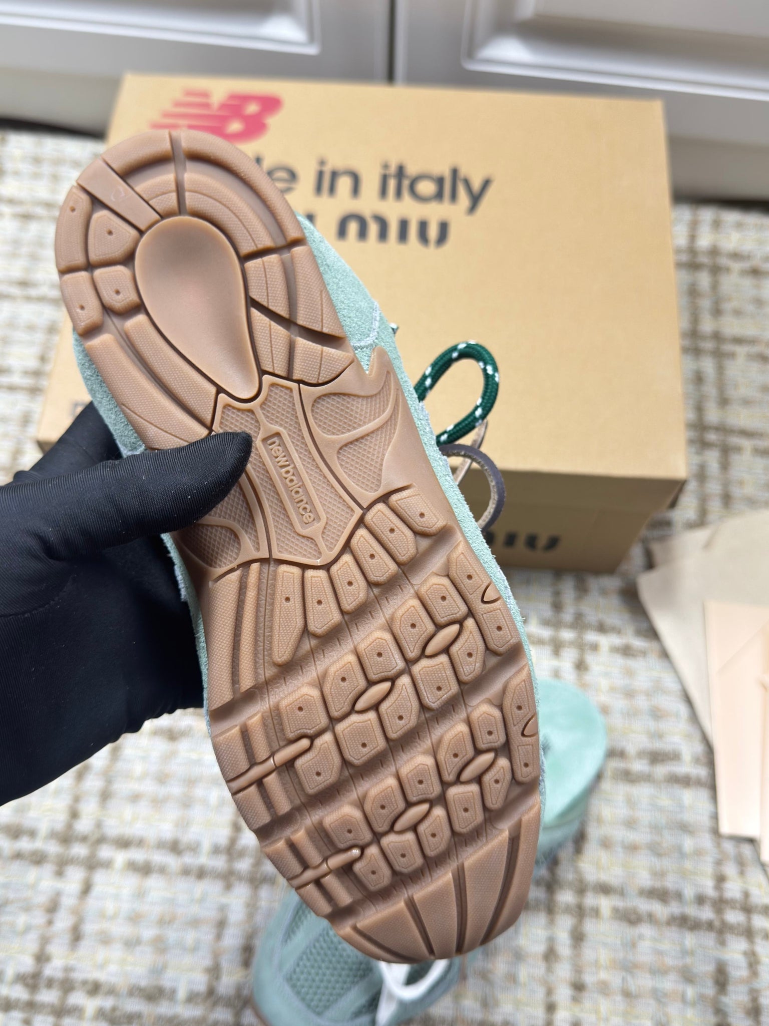 Miumiu 26s New Balance Sneaker Mules In Mint Green Suede And Mesh