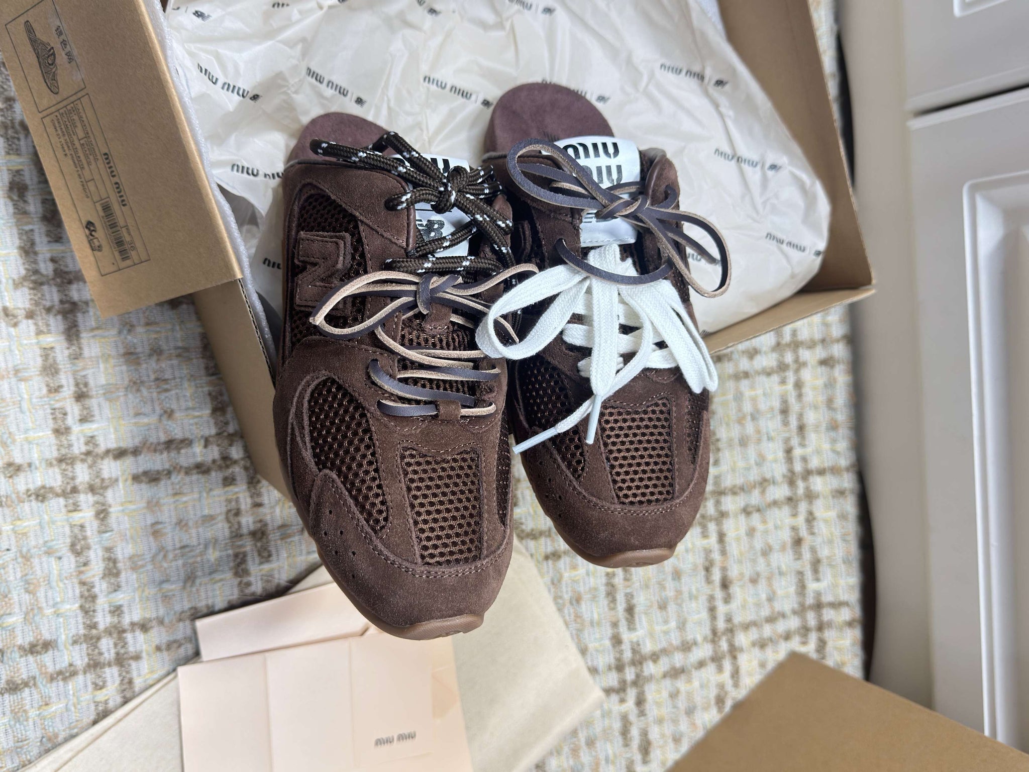 Miumiu 26s New Balance Sneaker Mules In Dark Brown Suede And Mesh
