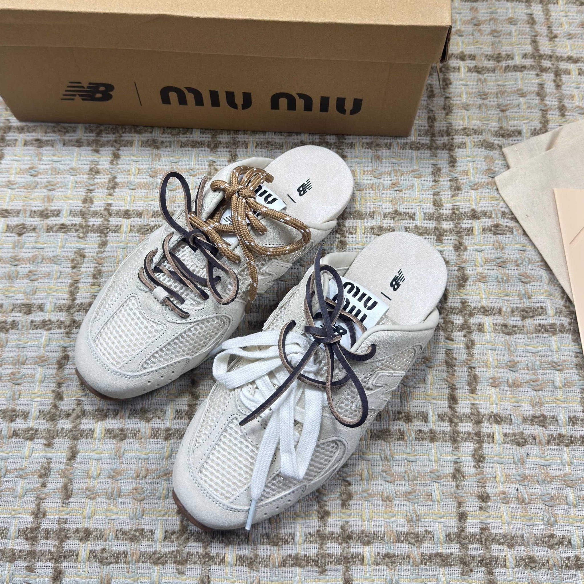 Miumiu 26s New Balance Sneaker Mules In Cream White Suede And Mesh