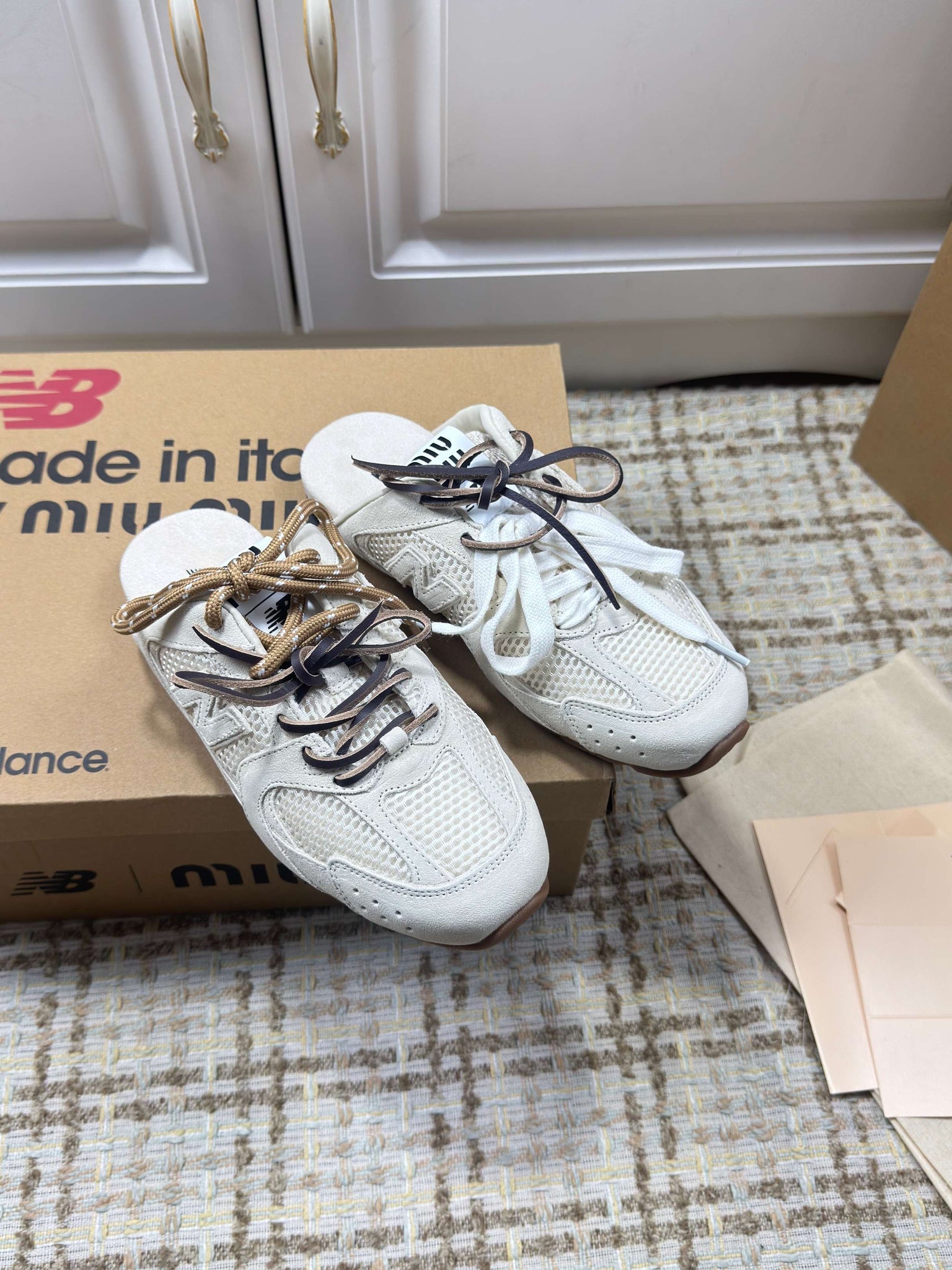 Miumiu 26s New Balance Sneaker Mules In Cream White Suede And Mesh