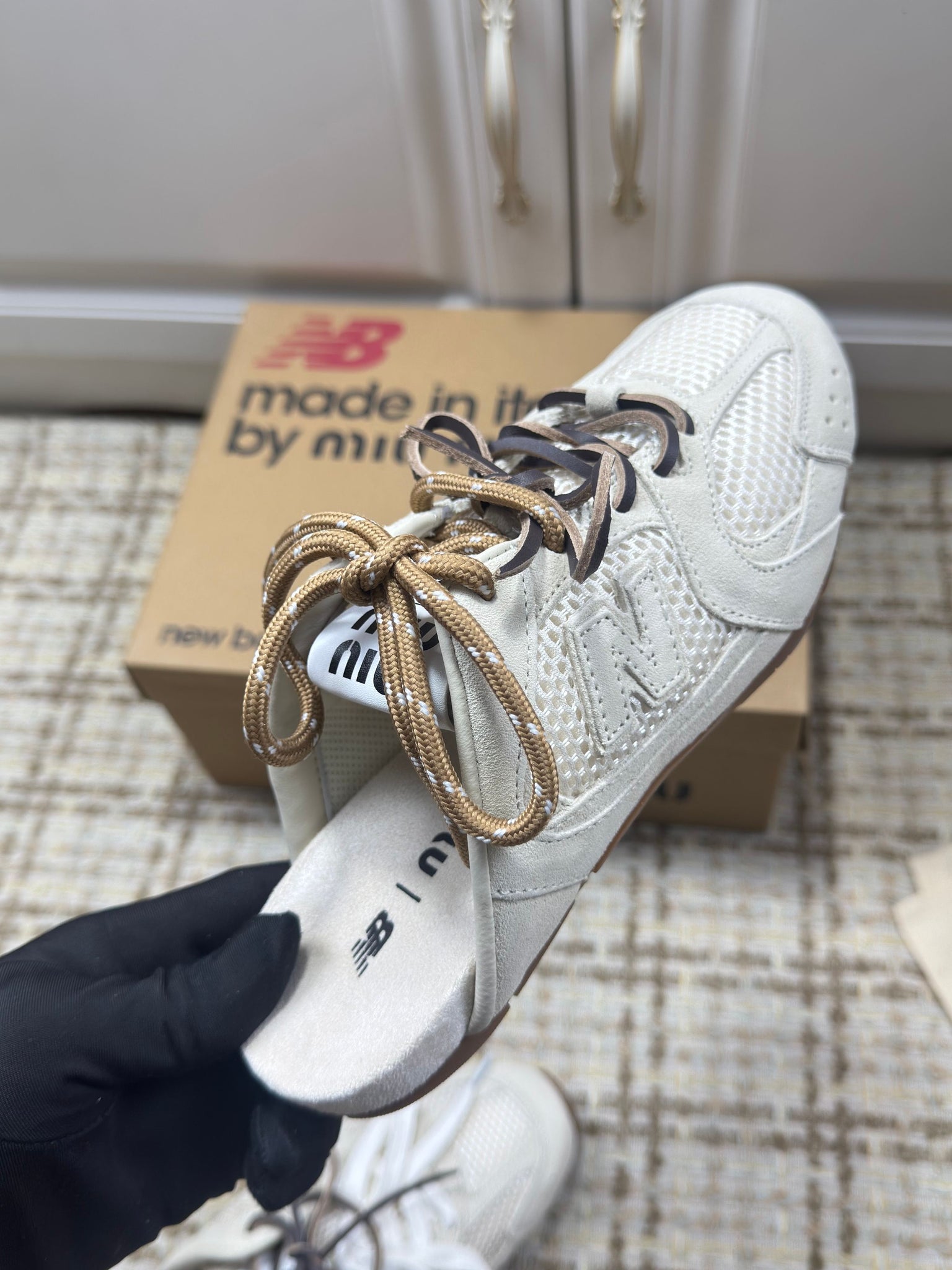 Miumiu 26s New Balance Sneaker Mules In Cream White Suede And Mesh