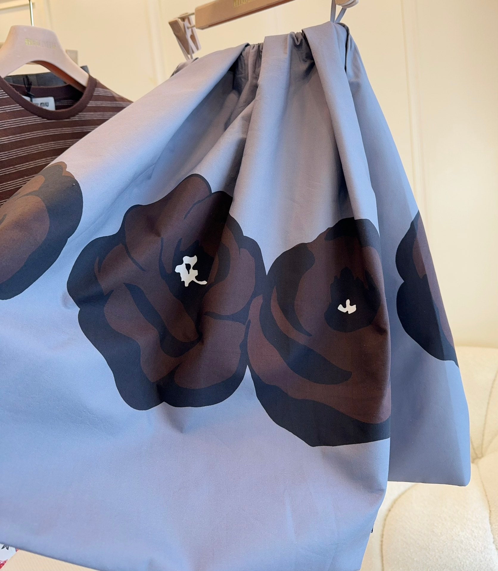 Miu Miu 25 Floral Fluffy Skirt Gray Cotton