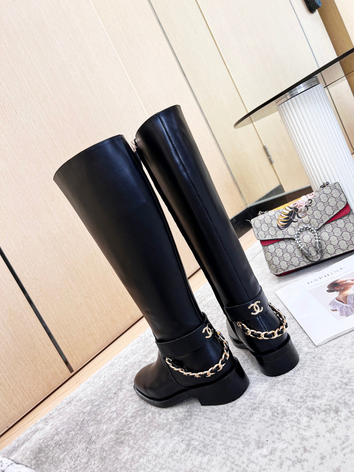 Chanel Calfskin Chain High Boots 3cm Black Leather 168212