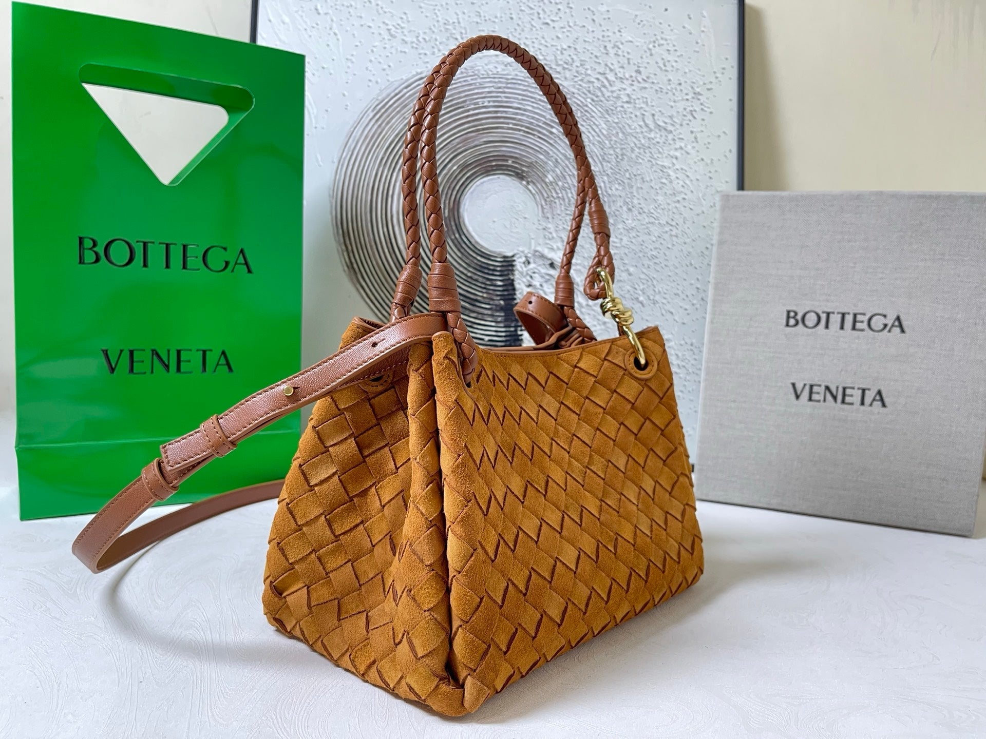 BV Small Parachute 20cm Tan Brown Suede Intrecciato Leather