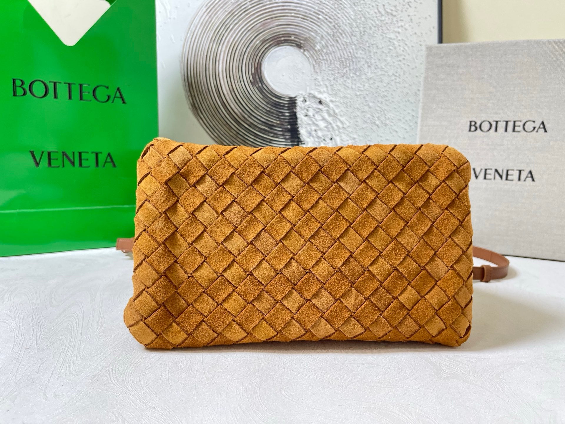 BV Small Parachute 20cm Tan Brown Suede Intrecciato Leather