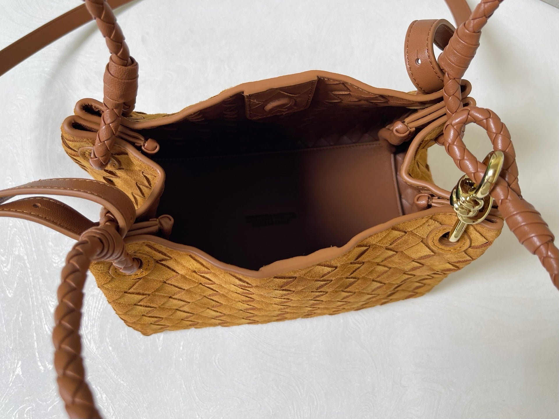 BV Small Parachute 20cm Tan Brown Suede Intrecciato Leather