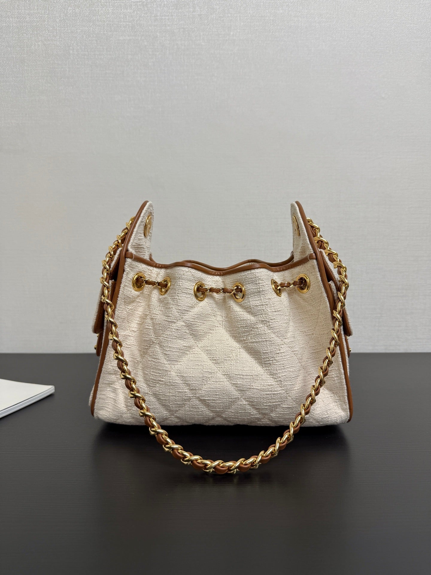 CC 2026ss Small Handbag 22cm Ivory Brown Canvas Calfskin