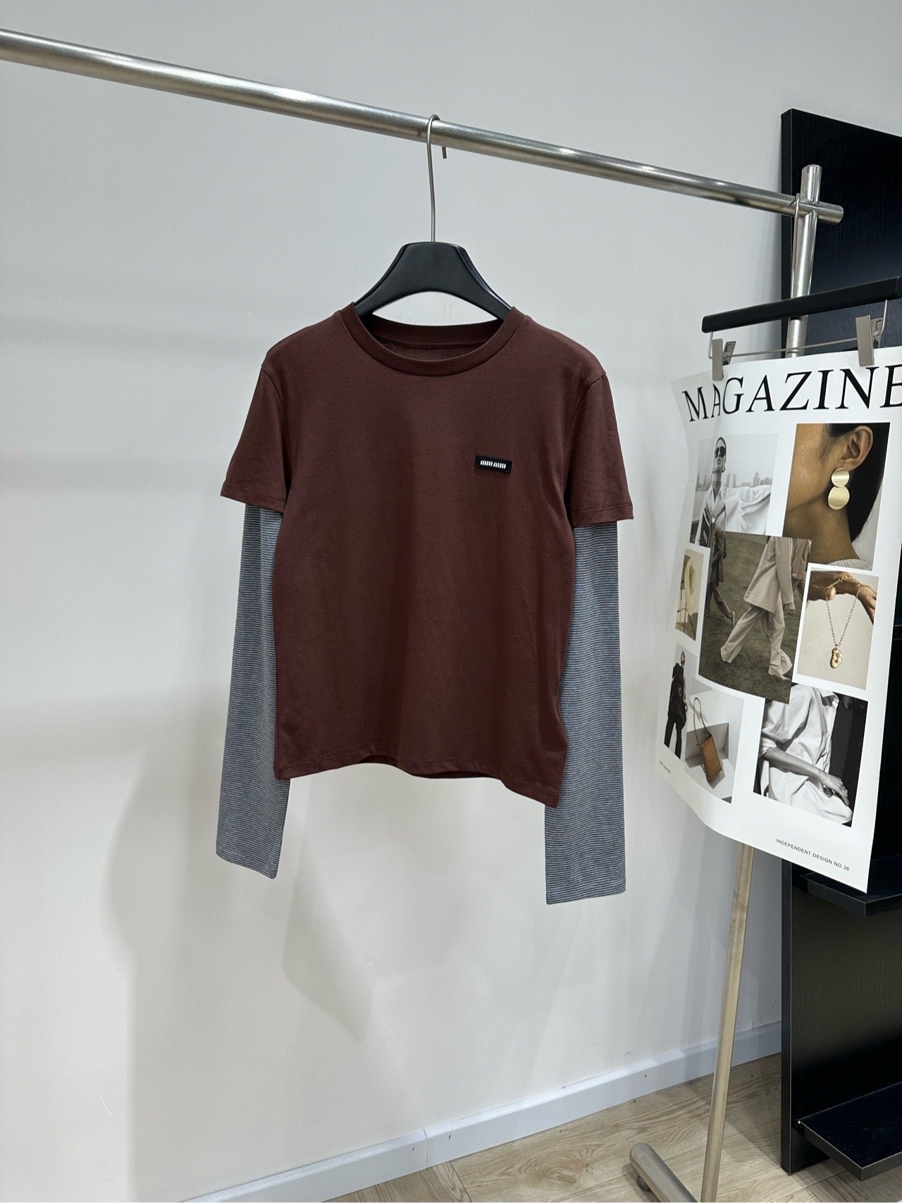 Miu 26s Striped Faux Two-Piece Polo Collar Long-Sleeve T-Shirt Brown 410035